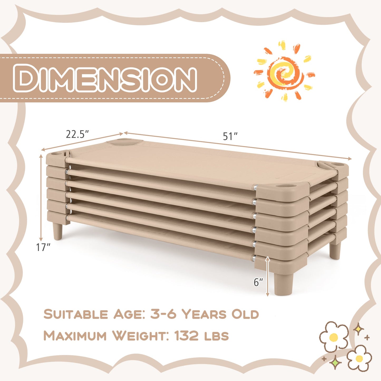 Kids Stackable Daycare Cot Pack of 6 with Detachable Oxford Cloth - Beige