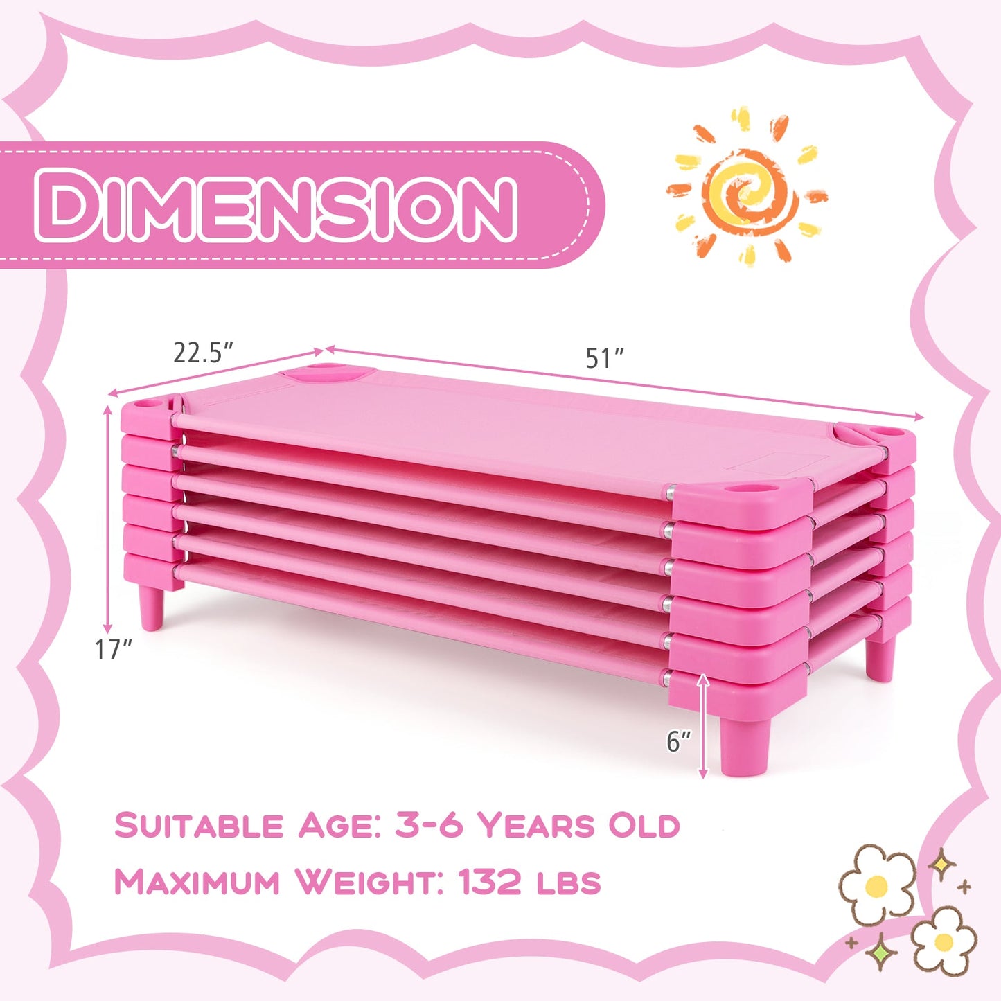 Kids Stackable Daycare Cot Pack of 6 - Pink