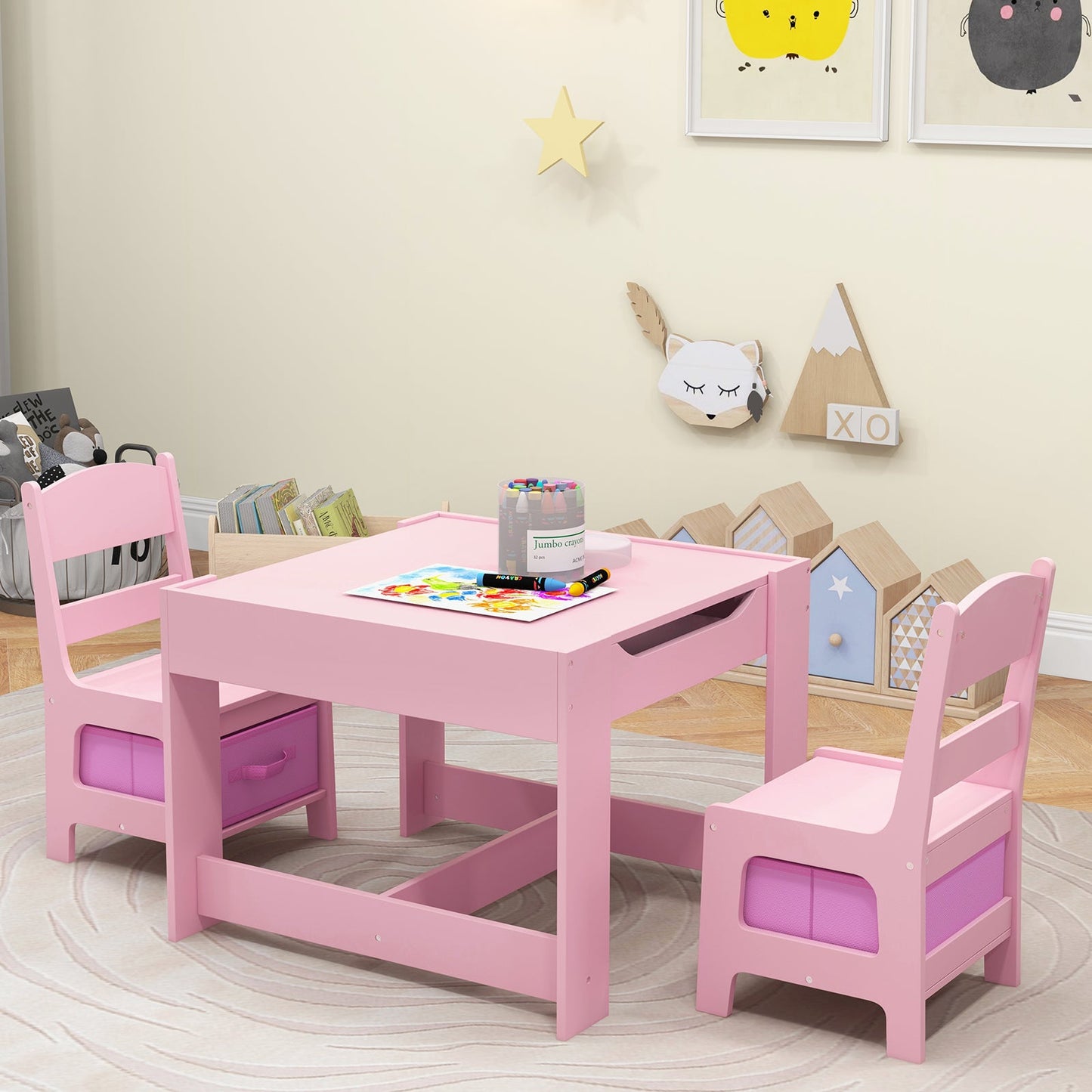 Conjunto de Mesa y Sillas para Niños con Almacenamiento - Rosa