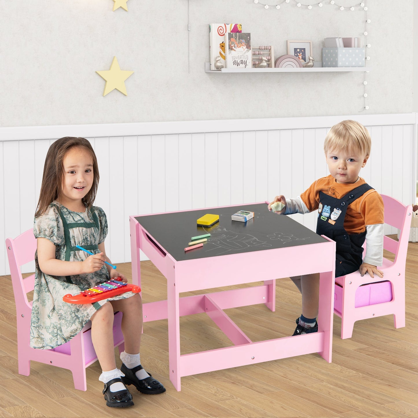 Conjunto de Mesa y Sillas para Niños con Almacenamiento - Rosa