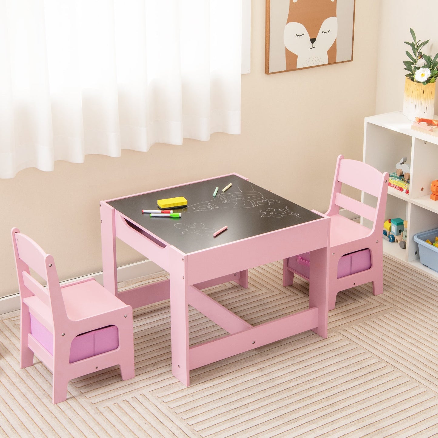 Conjunto de Mesa y Sillas para Niños con Almacenamiento - Rosa