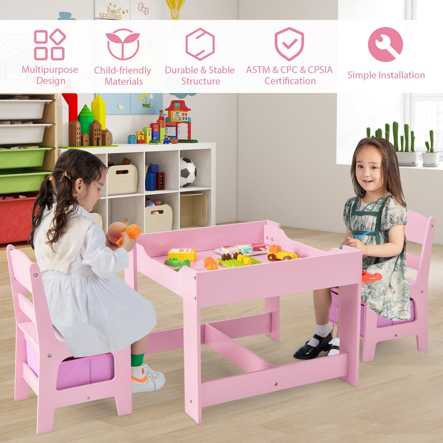 Conjunto de Mesa y Sillas para Niños con Almacenamiento - Rosa