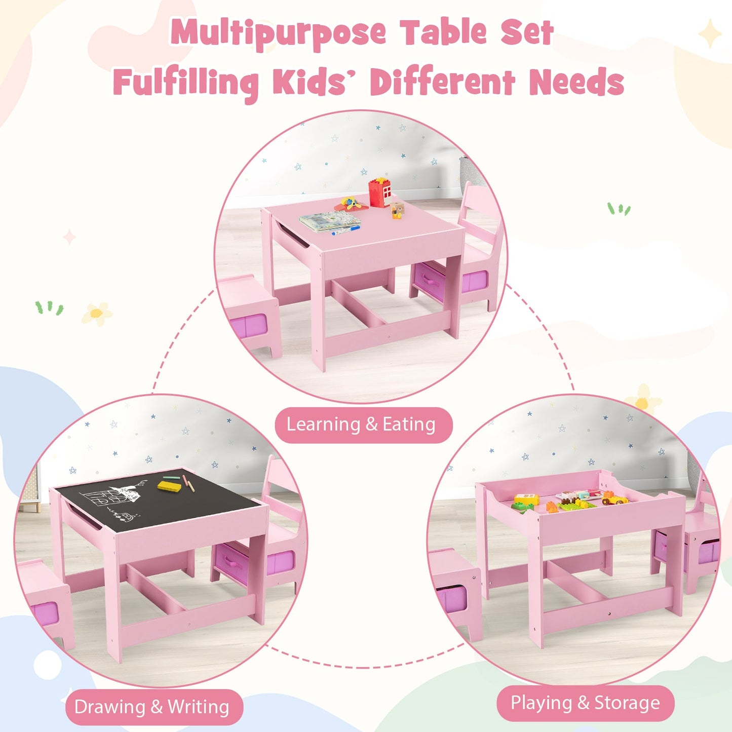 Conjunto de Mesa y Sillas para Niños con Almacenamiento - Rosa