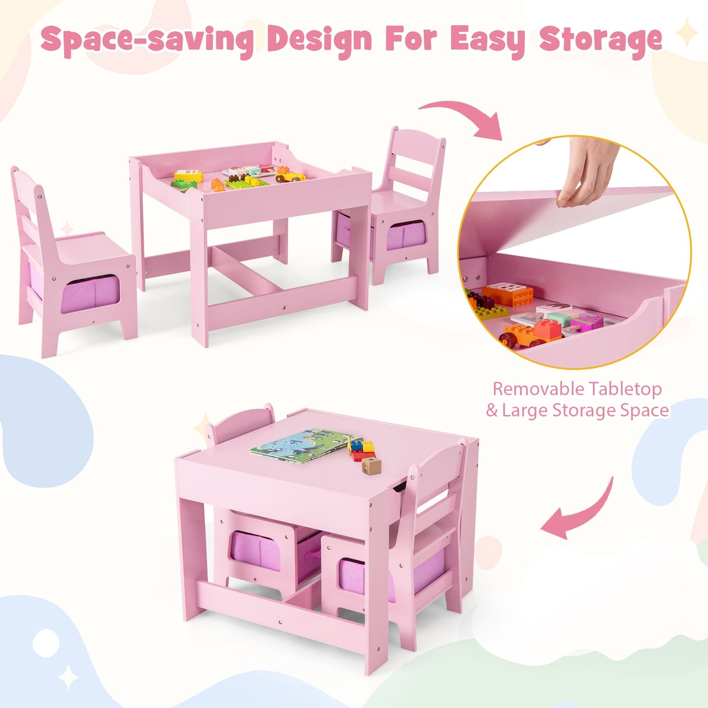 Conjunto de Mesa y Sillas para Niños con Almacenamiento - Rosa