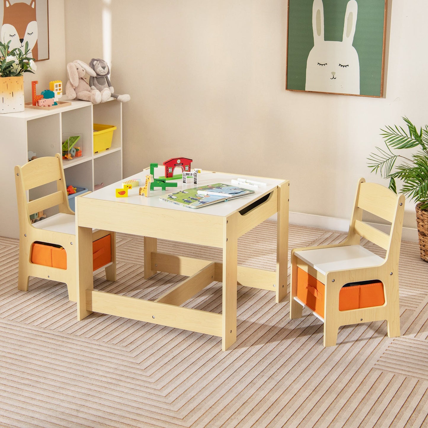 Kids Table and Chairs Set with Storage and Blackboard
