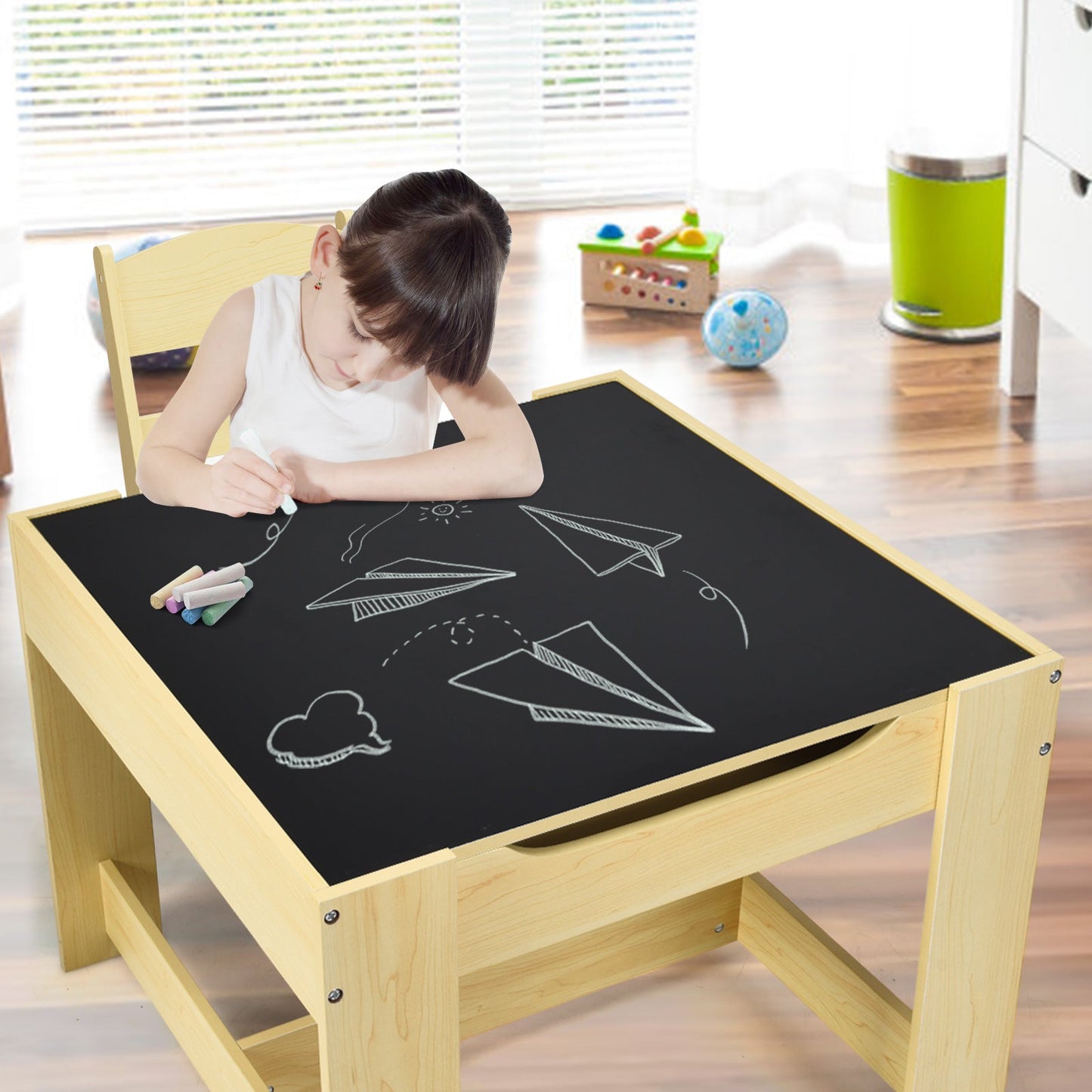Kids Table and Chairs Set with Storage and Blackboard