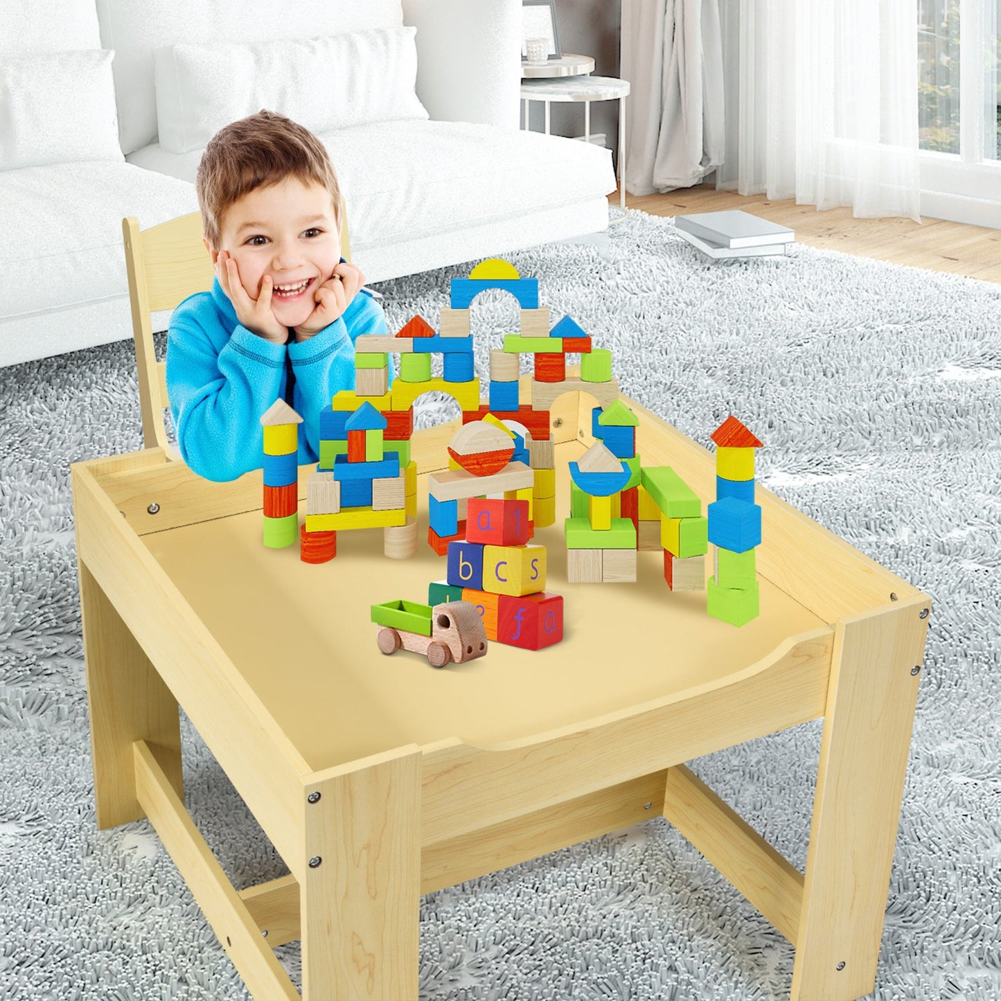 Kids Table and Chairs Set with Storage and Blackboard