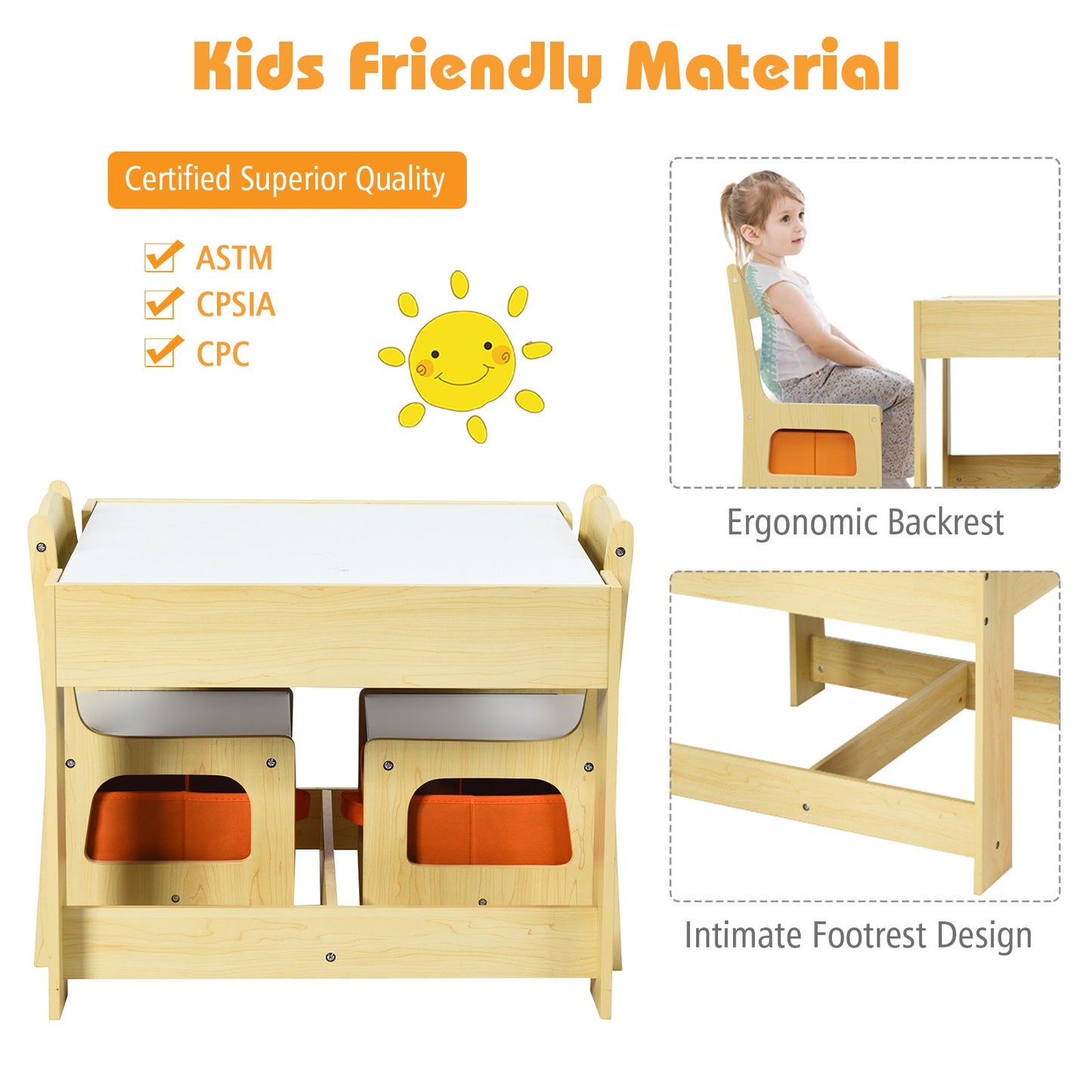 Kids Table and Chairs Set with Storage and Blackboard
