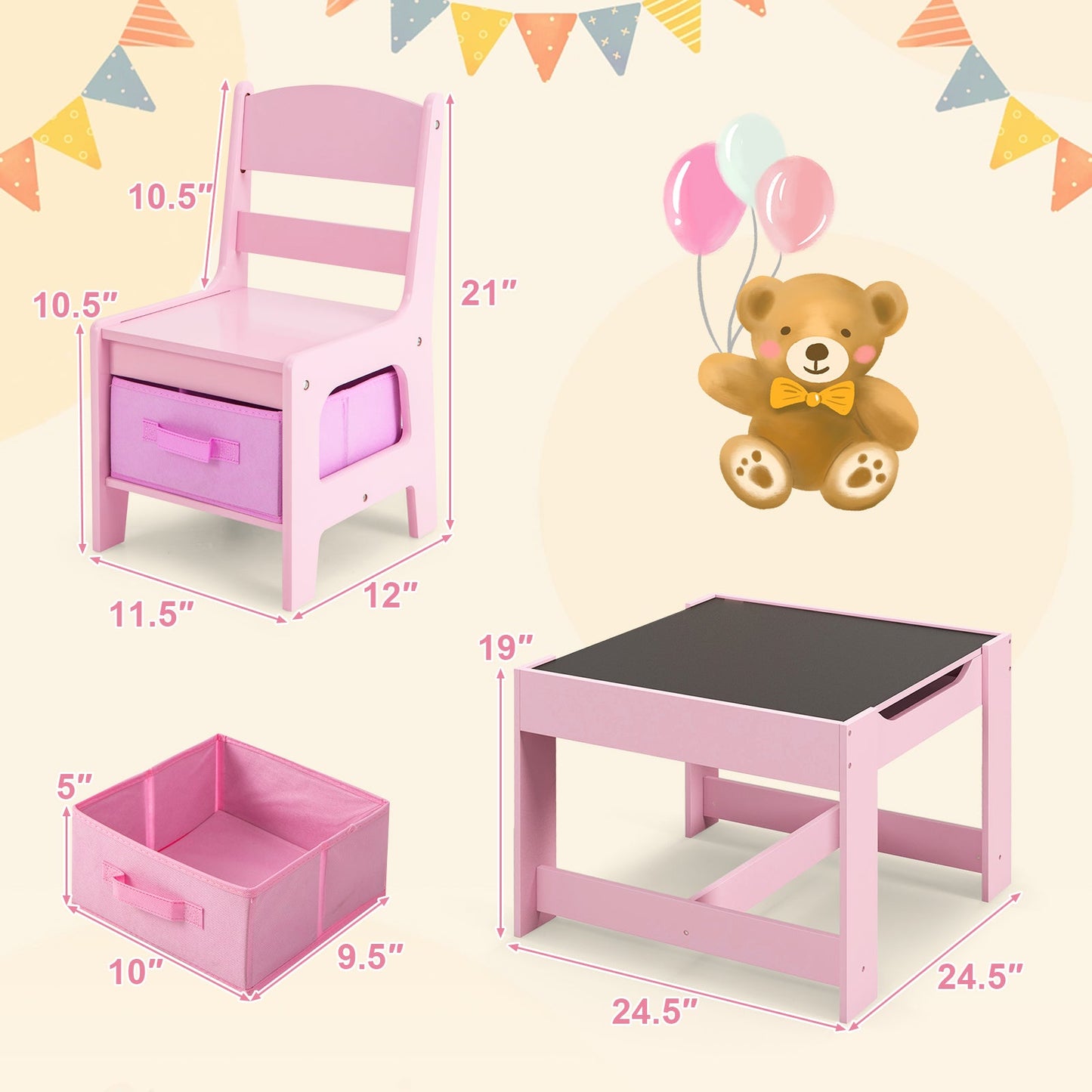 Conjunto de Mesa y Sillas para Niños con Almacenamiento - Rosa