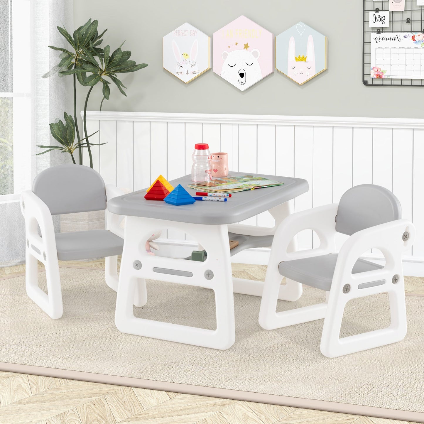 Conjunto de Mesa y Sillas para Niños con Bloques de Construcción - Gris