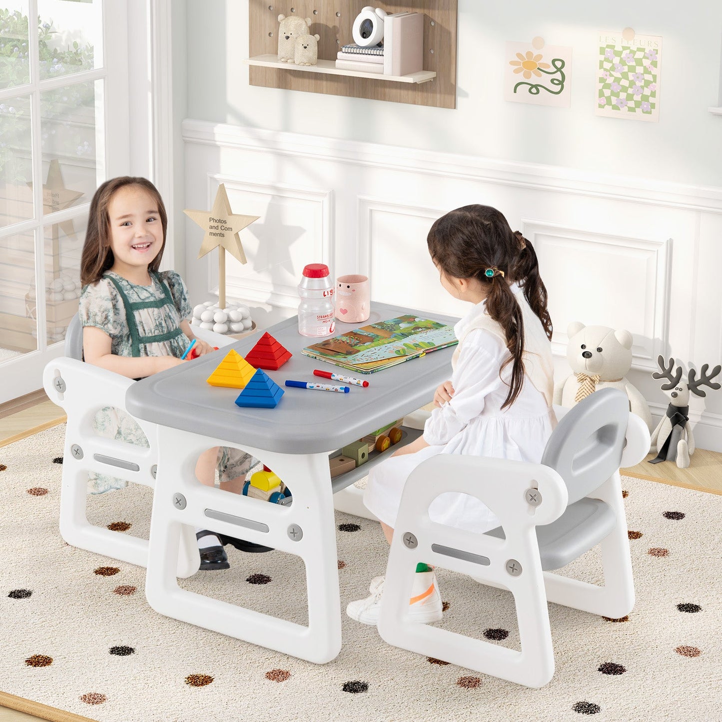 Conjunto de Mesa y Sillas para Niños con Bloques de Construcción - Gris