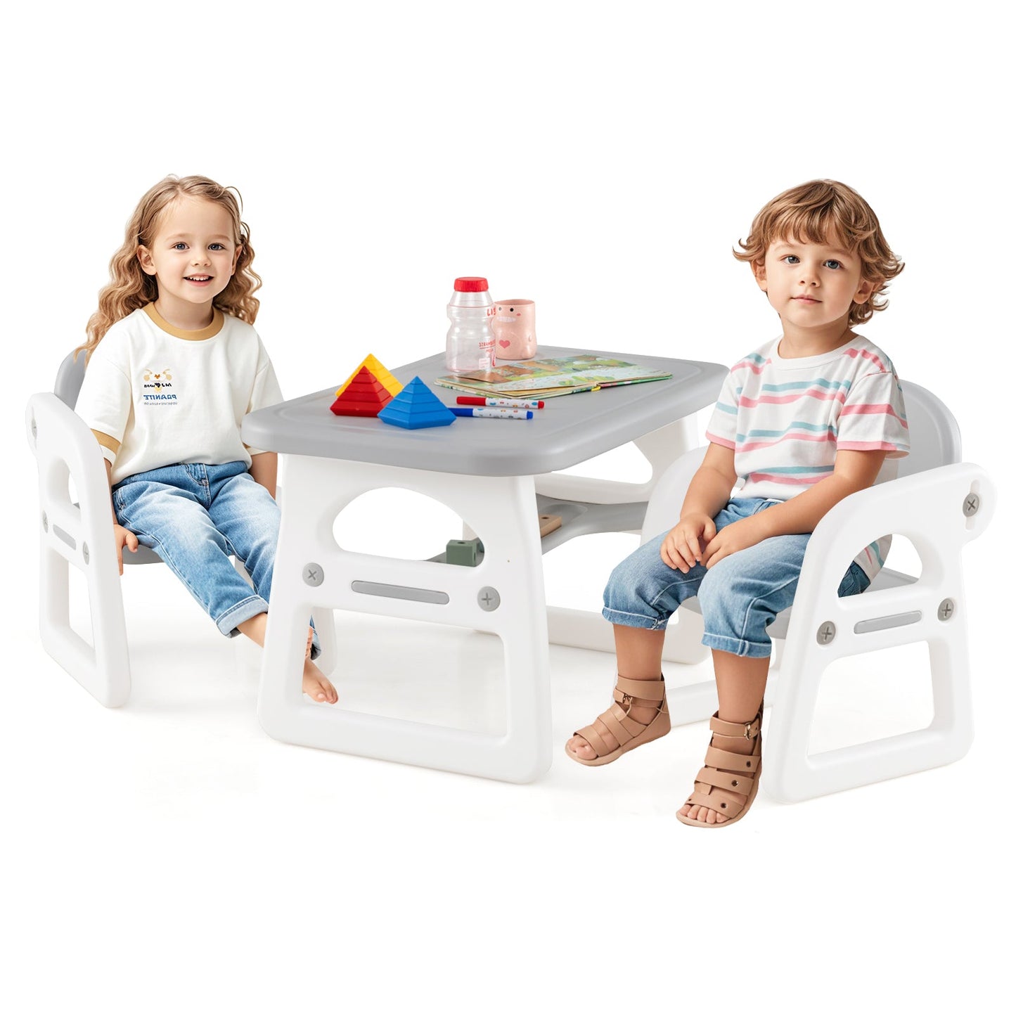 Conjunto de Mesa y Sillas para Niños con Bloques de Construcción - Gris