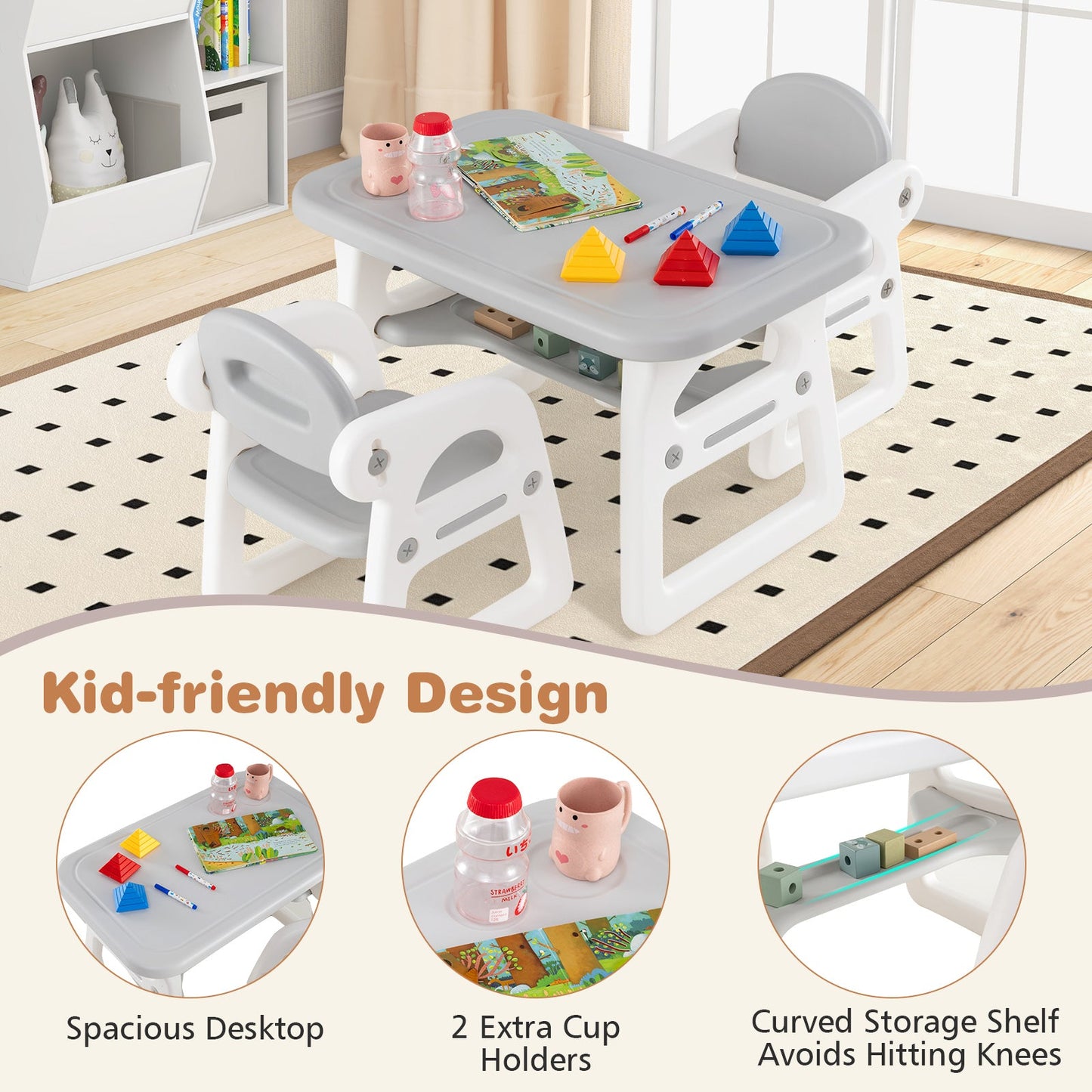 Conjunto de Mesa y Sillas para Niños con Bloques de Construcción - Gris