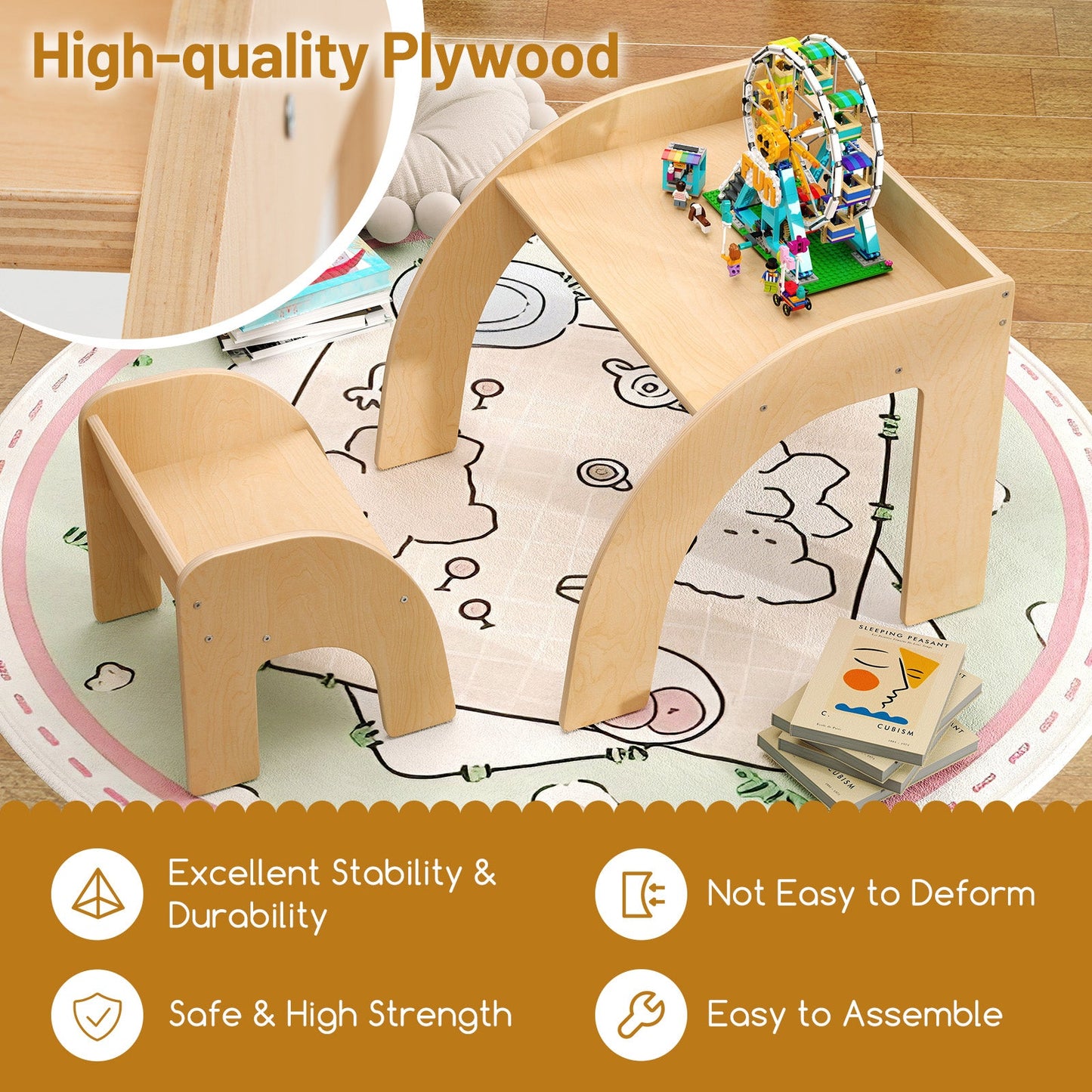 Ensemble de Table et Chaises pour Enfants avec Plateau Large et Bords Arrondis