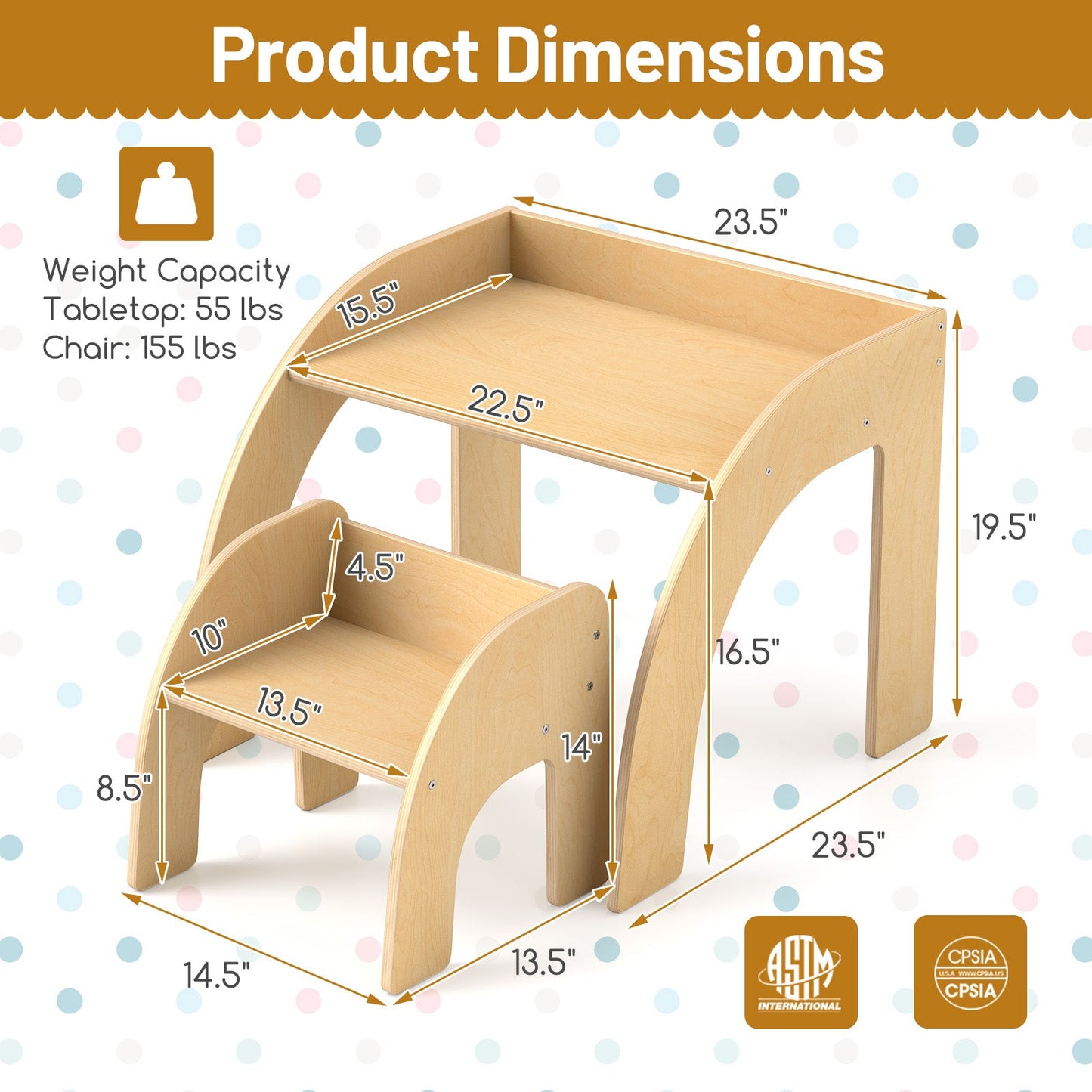 Ensemble de Table et Chaises pour Enfants avec Plateau Large et Bords Arrondis