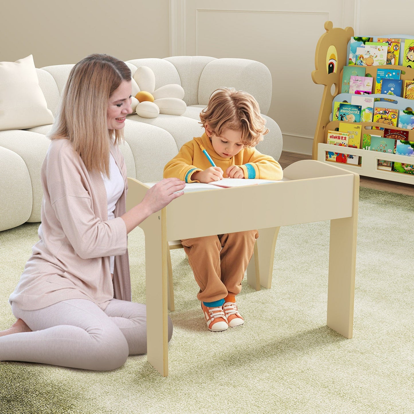 Conjunto de Mesa y Sillas para Niños con Superficie Amplia y Bordes Curvados - Blanco