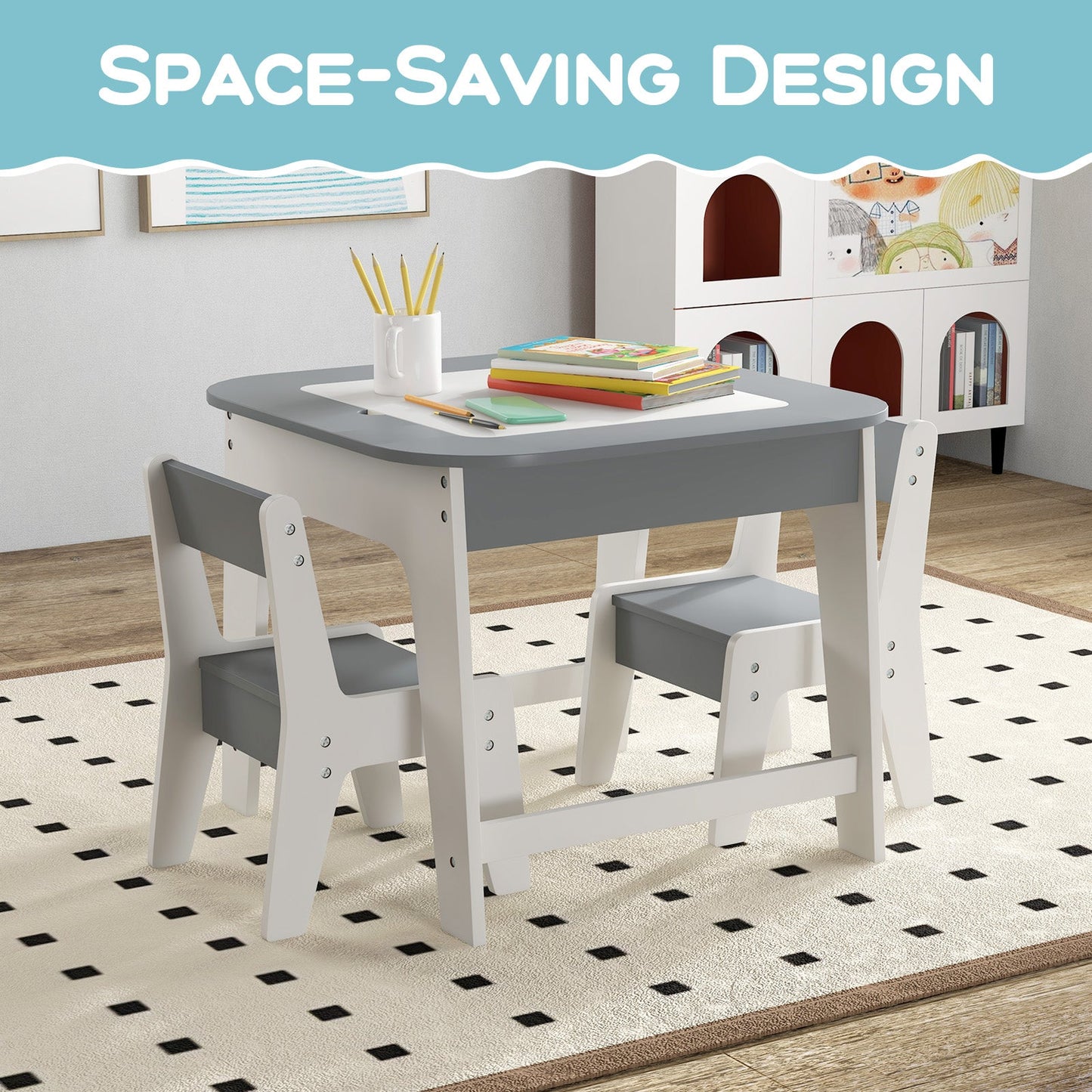 Kid's Table and Chairs Set with Double-sided Tabletop - Gray