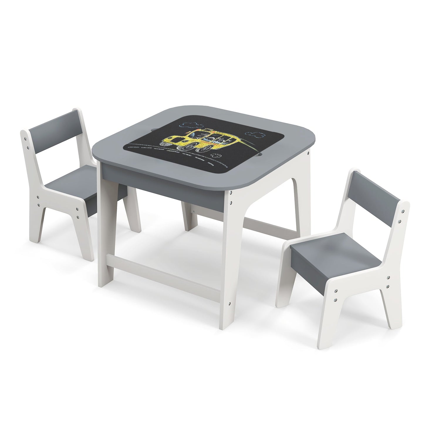 Kid's Table and Chairs Set with Double-sided Tabletop - Gray