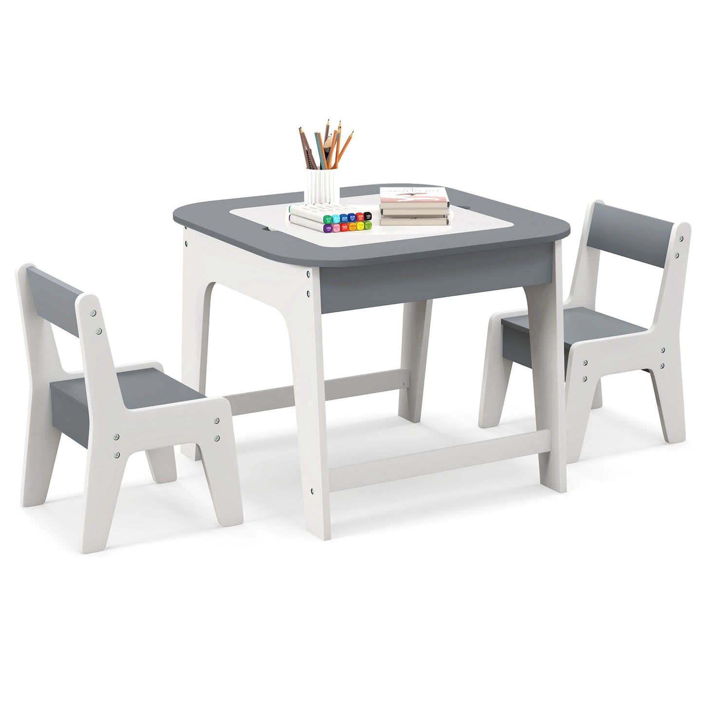 Kid's Table and Chairs Set with Double-sided Tabletop - Gray