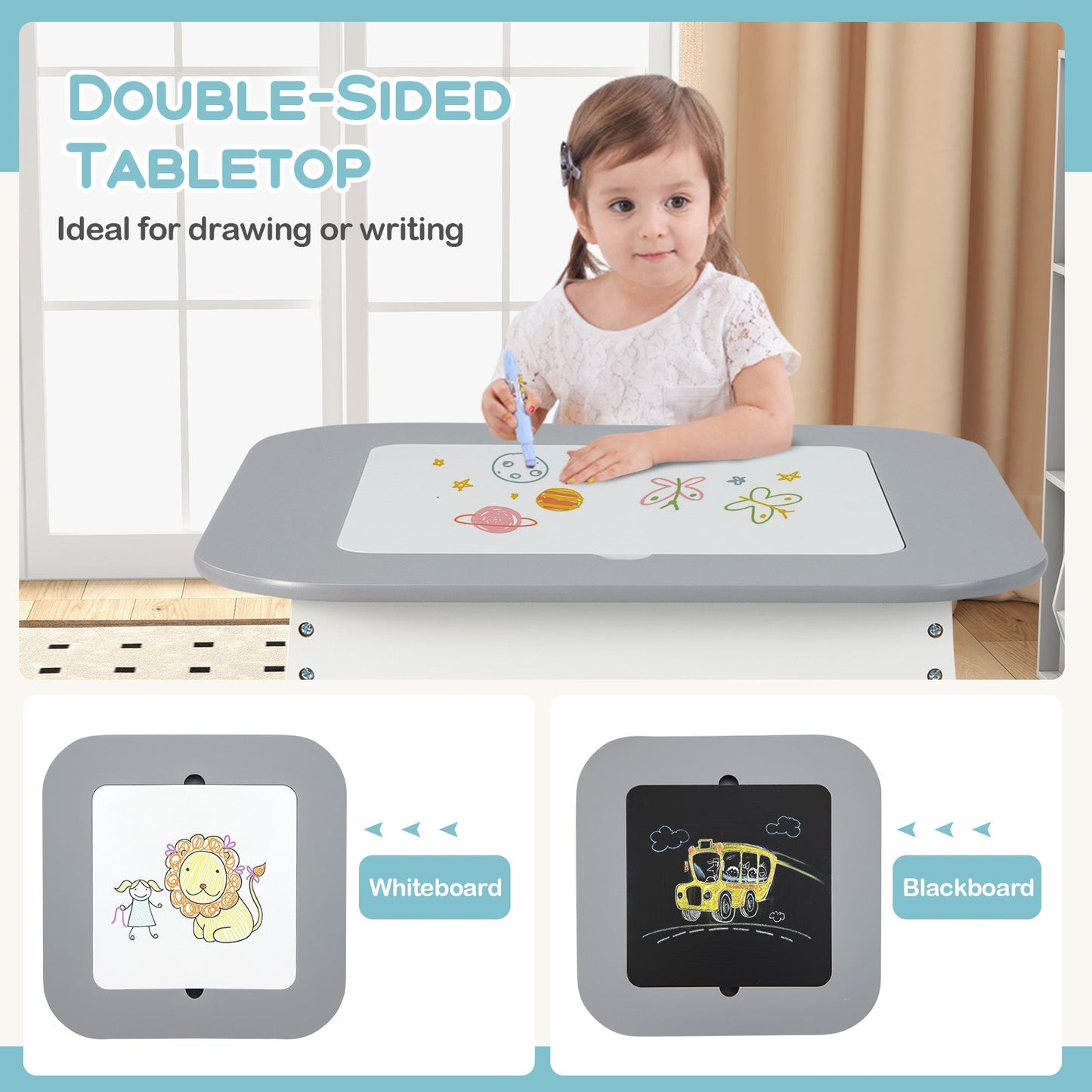 Kid's Table and Chairs Set with Double-sided Tabletop - Gray