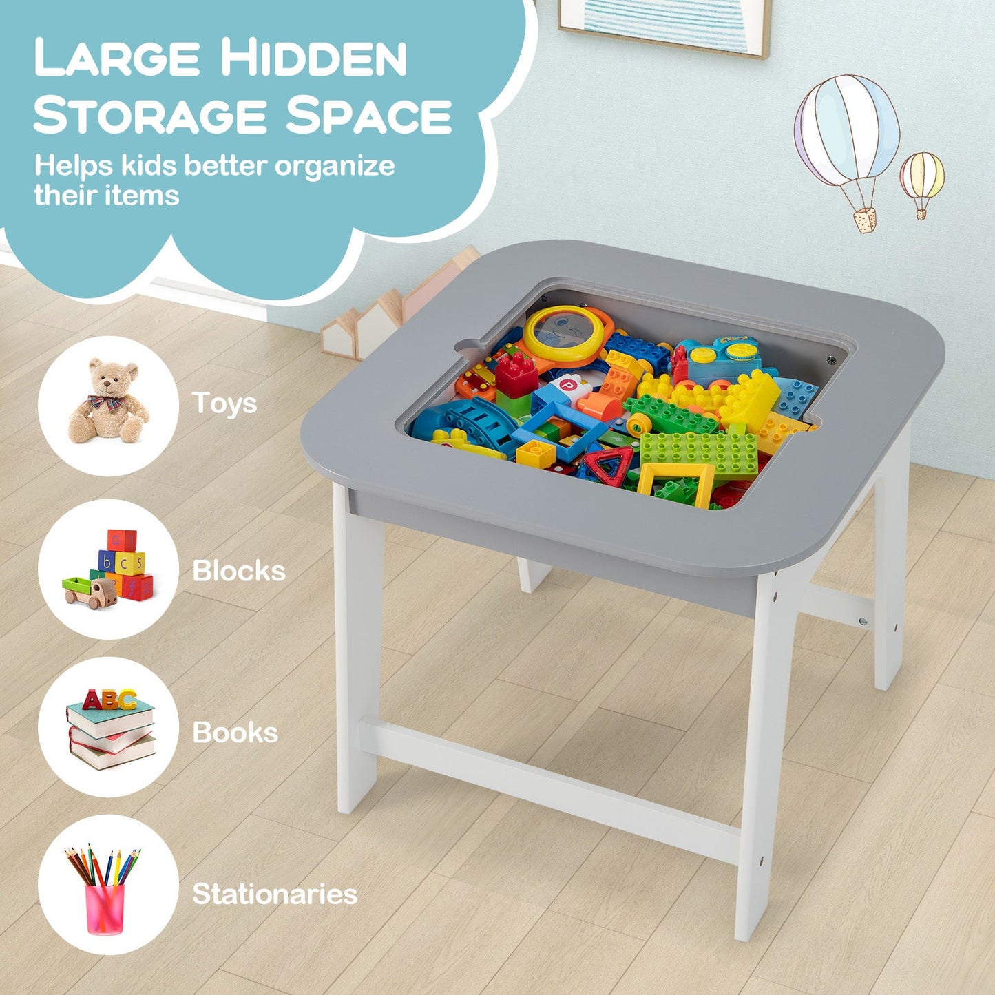 Kid's Table and Chairs Set with Double-sided Tabletop - Gray