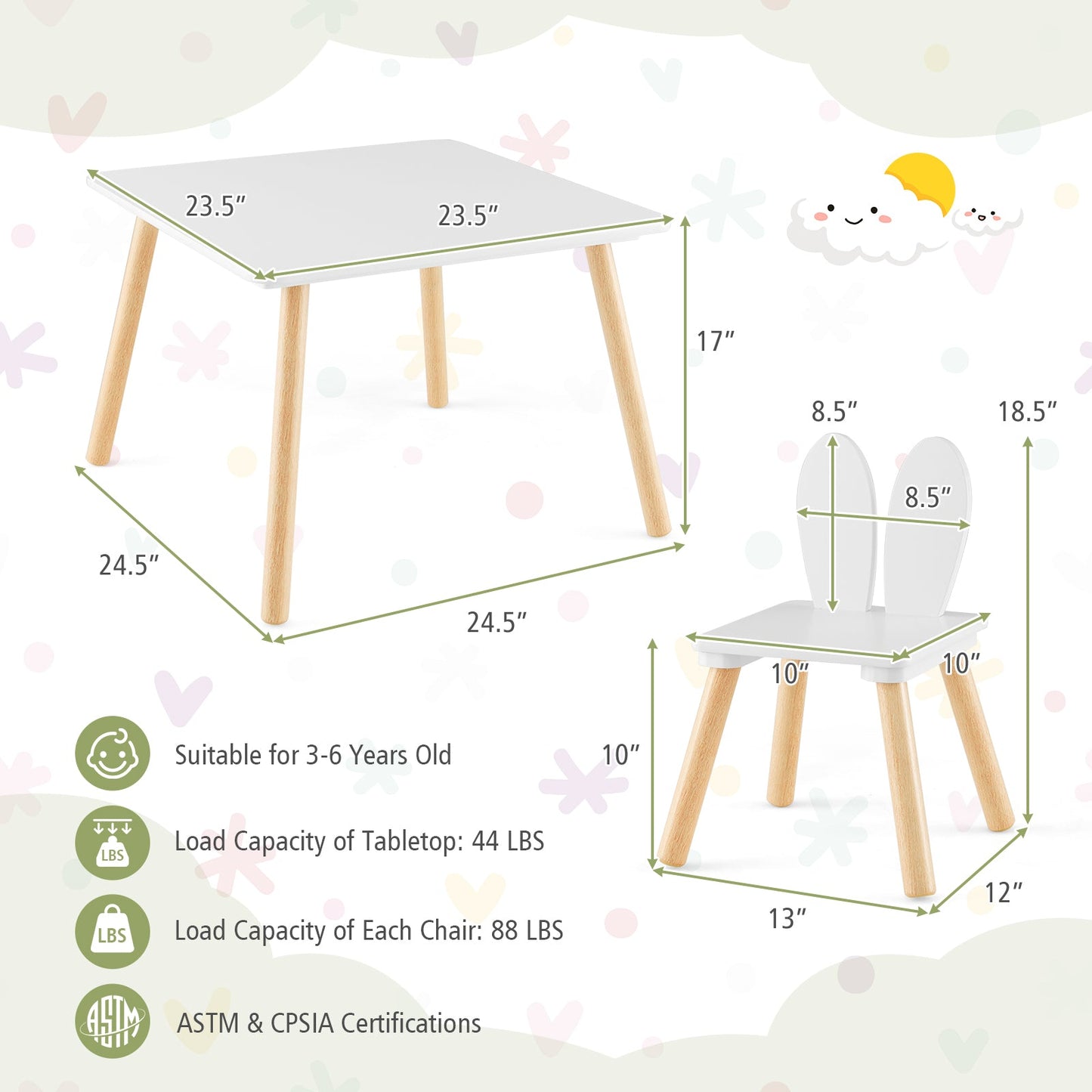 Ensemble de table et chaises pour enfants 3 pièces - Blanc
