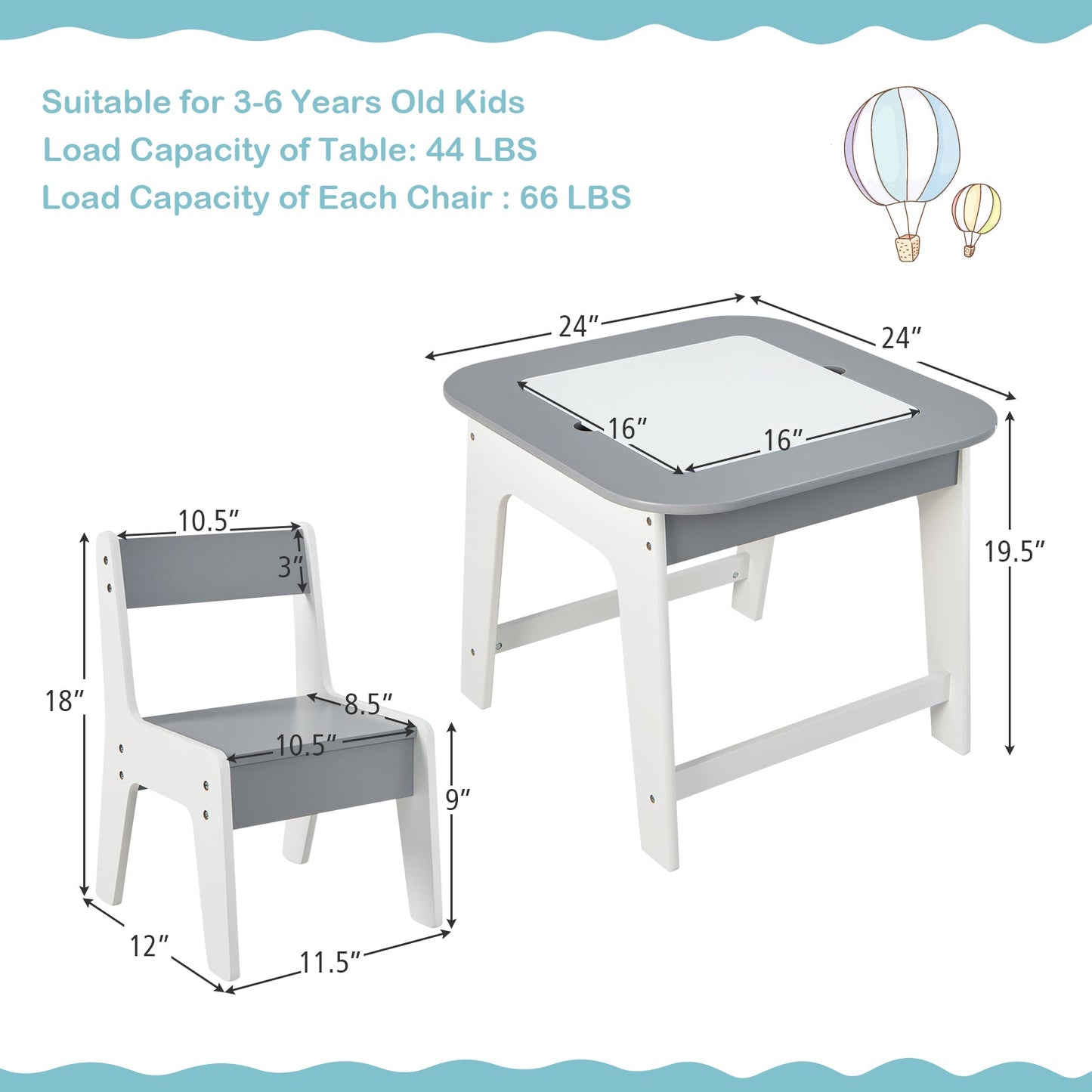 Kid's Table and Chairs Set with Double-sided Tabletop - Gray