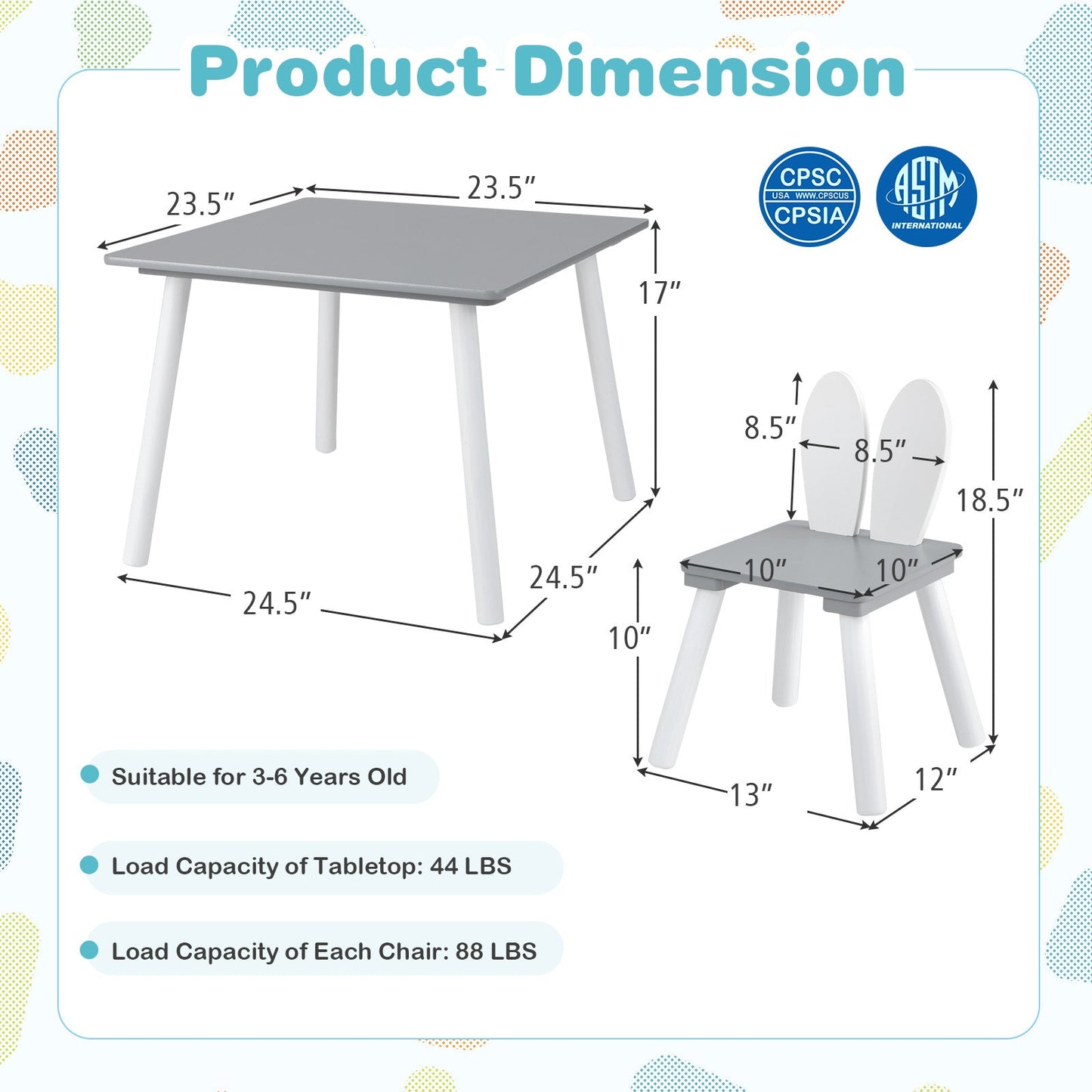 3-Piece Kids Table and Chairs Set - Gray