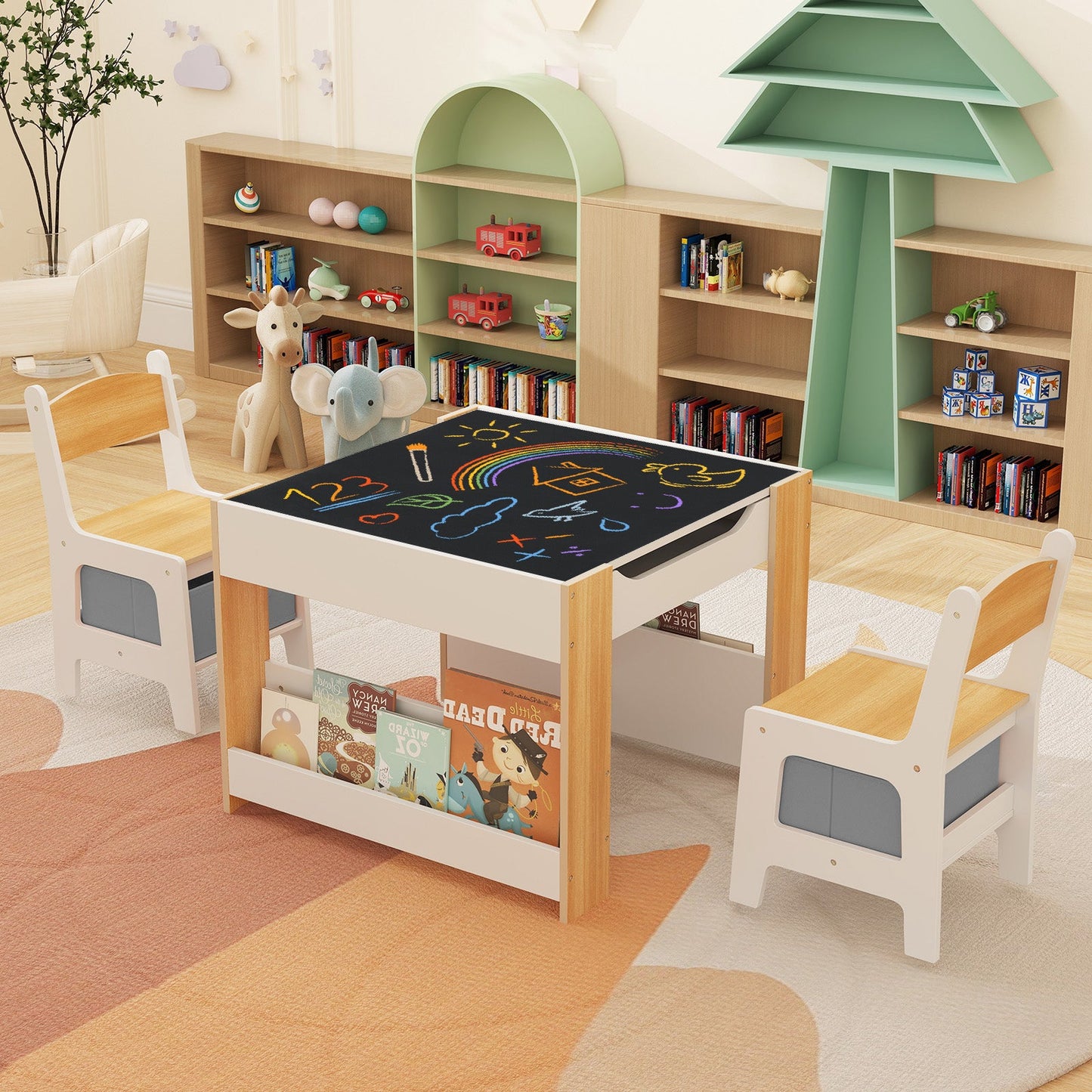 Table et chaises d'activité 4 en 1 pour enfants - Naturel