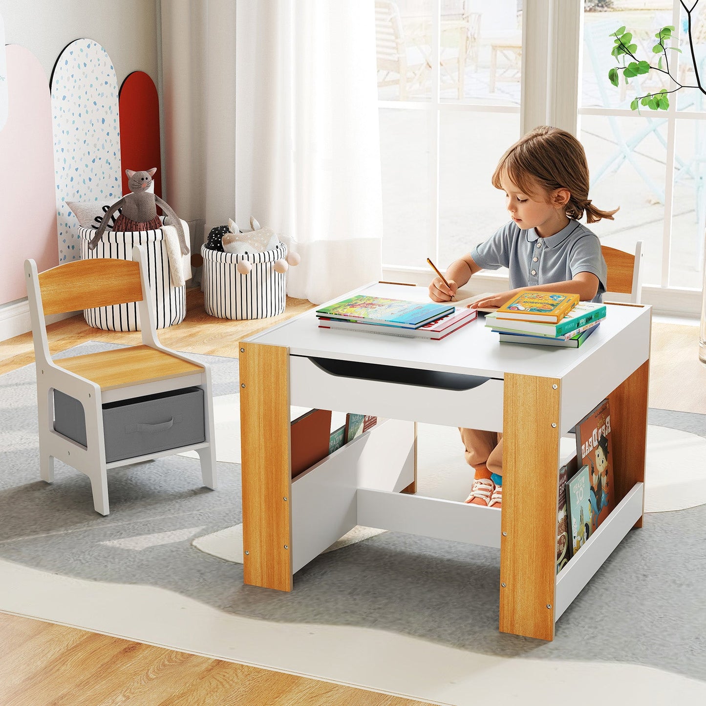 Table et chaises d'activité 4 en 1 pour enfants - Naturel