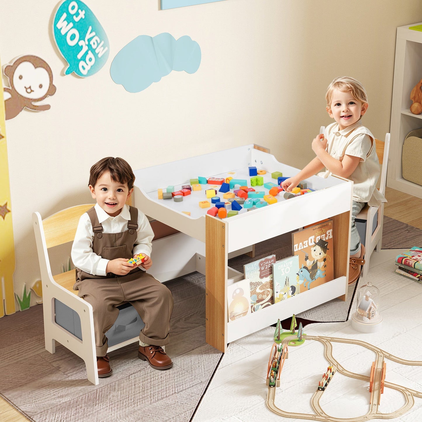 Table et chaises d'activité 4 en 1 pour enfants - Naturel