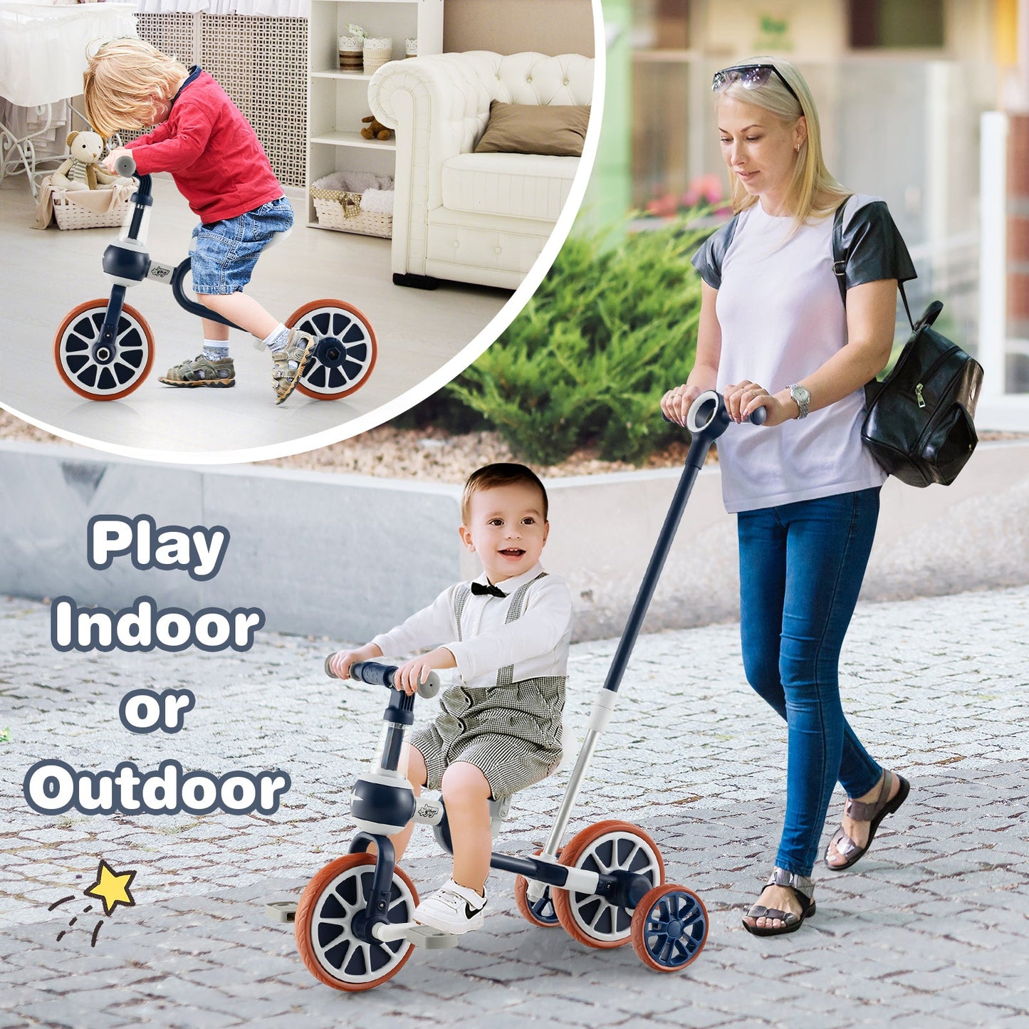 4-in-1 Kids Trike Bike with Adjustable Push Handle - Navy