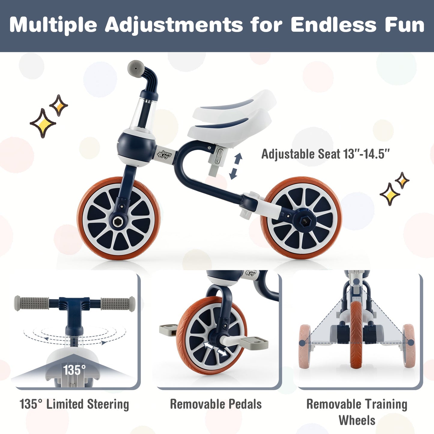 4-in-1 Kids Trike Bike with Adjustable Push Handle - Navy
