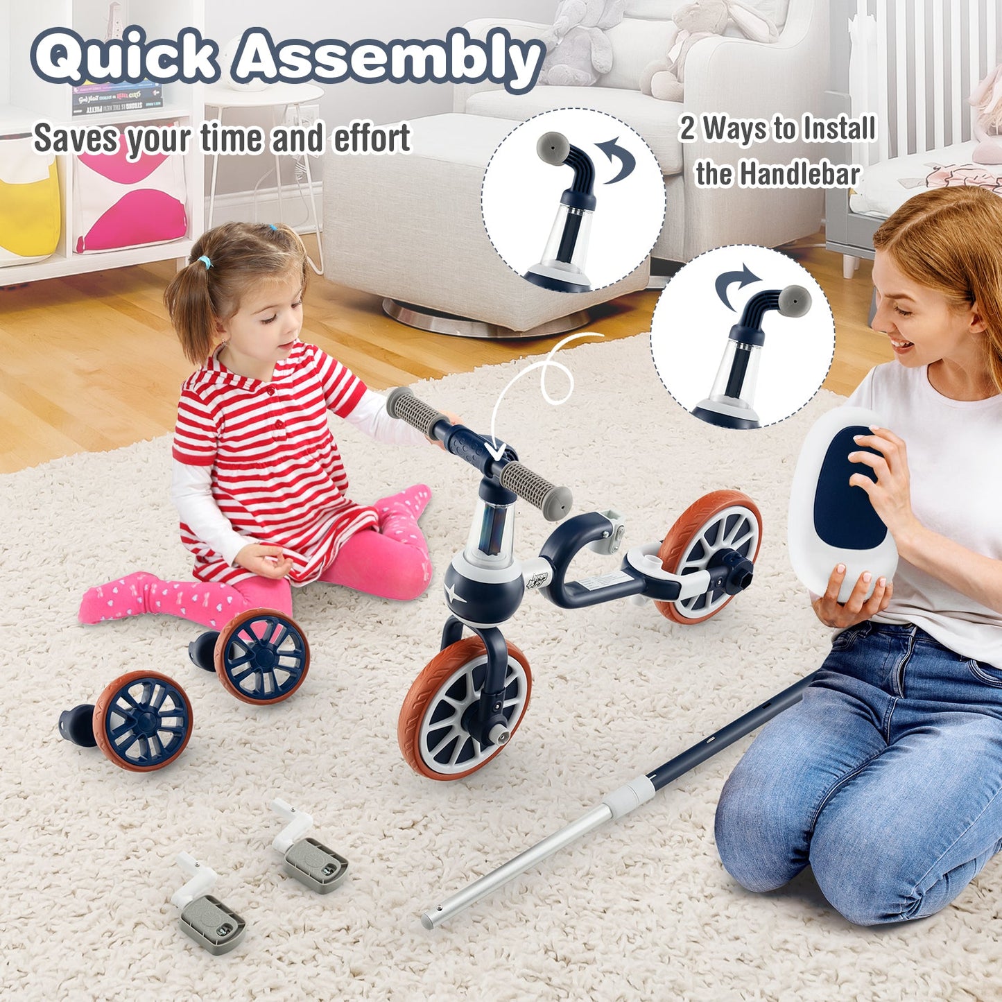 4-in-1 Kids Trike Bike with Adjustable Push Handle - Navy