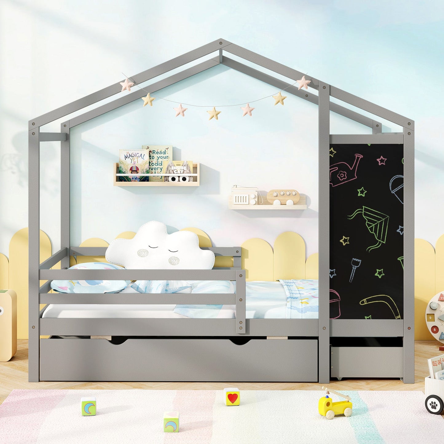 Lit jumeau pour enfants avec 2 tiroirs en bois massif - Gris tableau