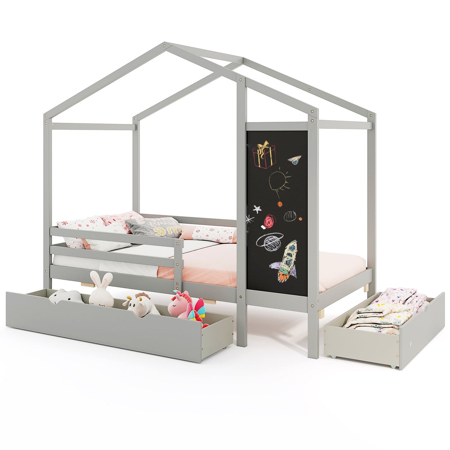 Lit jumeau pour enfants avec 2 tiroirs en bois massif - Gris tableau