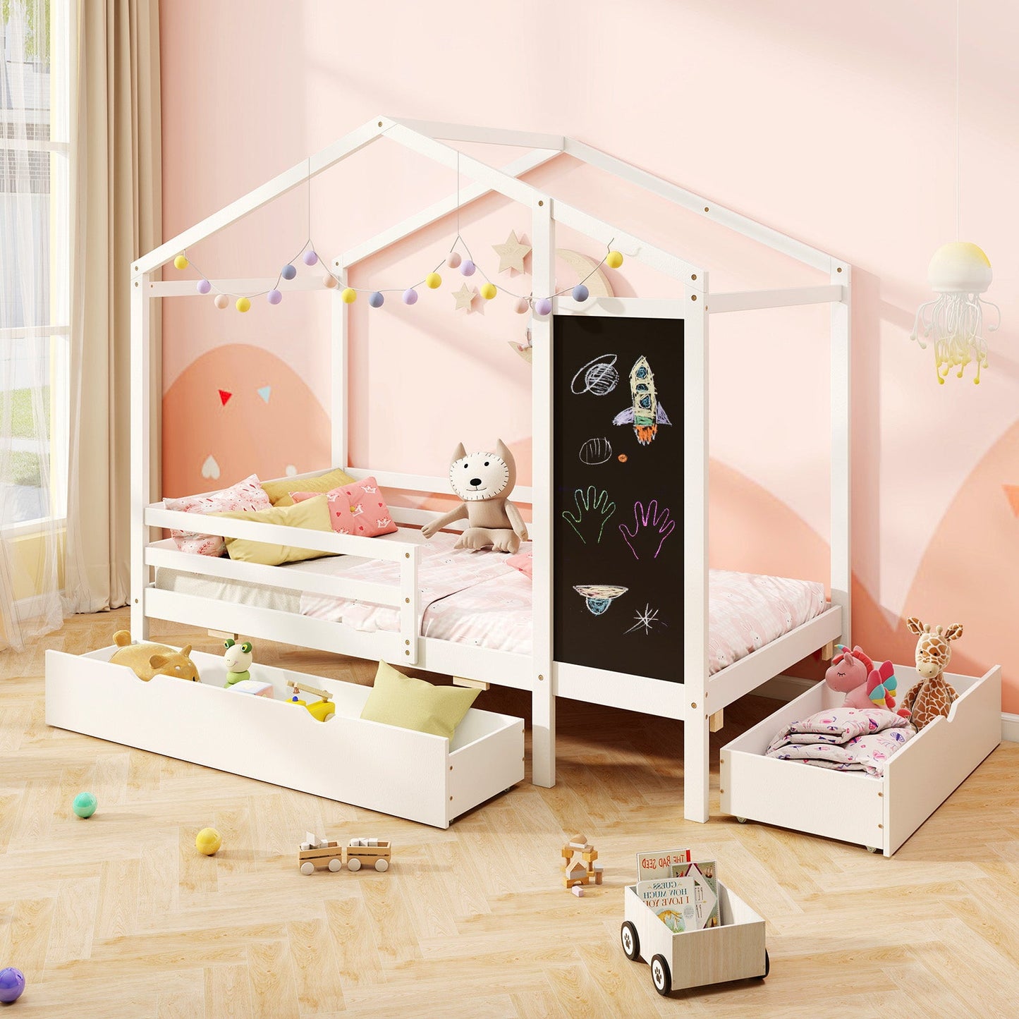 Lit jumeau pour enfants avec 2 tiroirs et tableau noir - Blanc