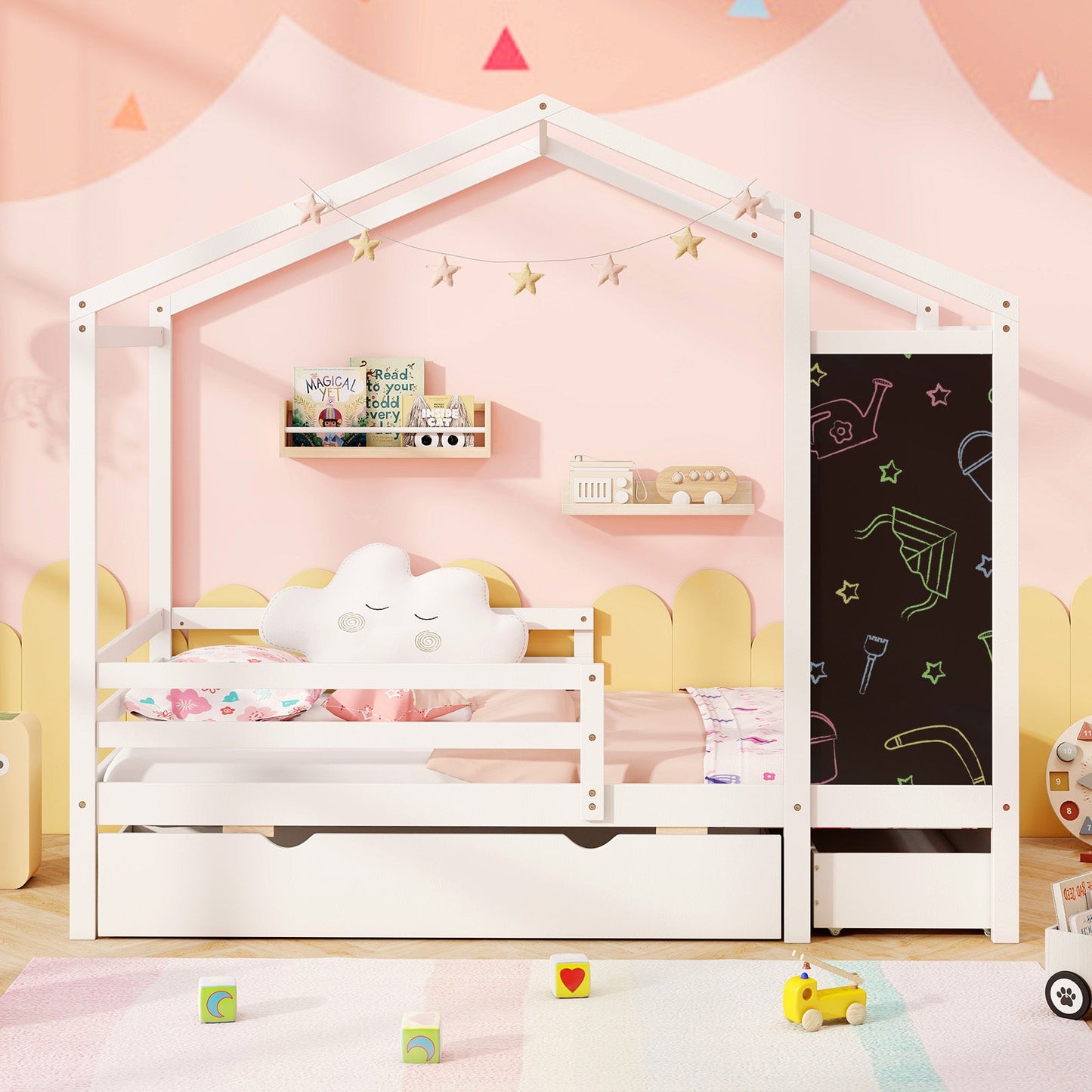 Lit jumeau pour enfants avec 2 tiroirs et tableau noir - Blanc