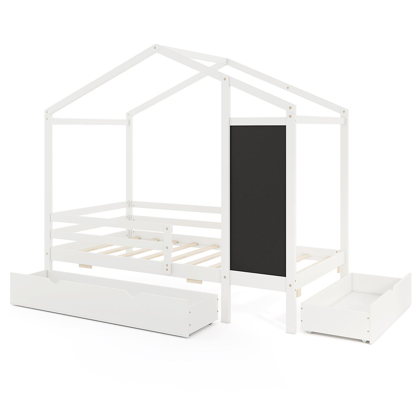 Lit jumeau pour enfants avec 2 tiroirs et tableau noir - Blanc