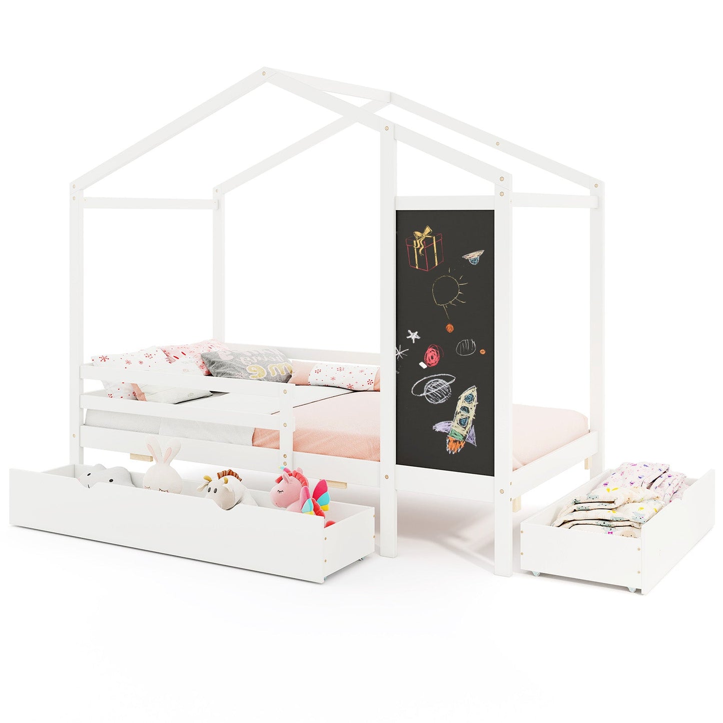 Lit jumeau pour enfants avec 2 tiroirs et tableau noir - Blanc