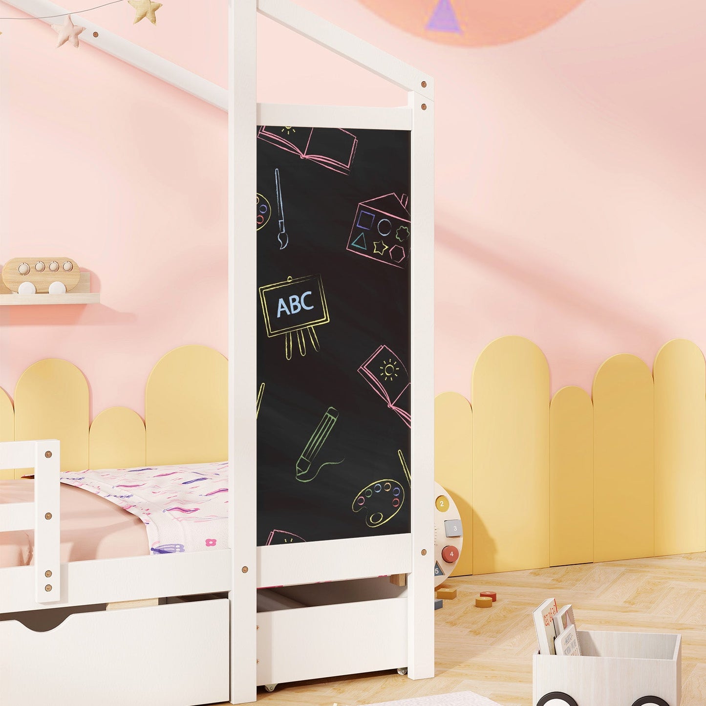 Lit jumeau pour enfants avec 2 tiroirs et tableau noir - Blanc
