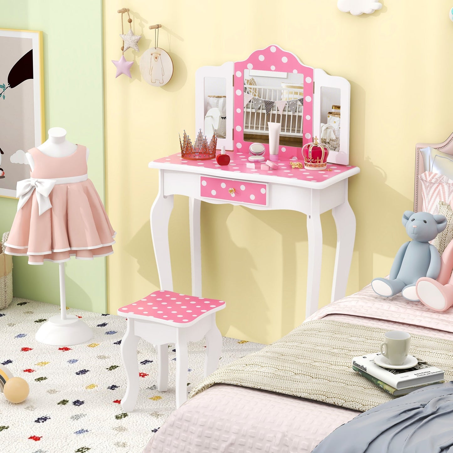 Table de maquillage de princesse pour jeu de rôle - Pois roses