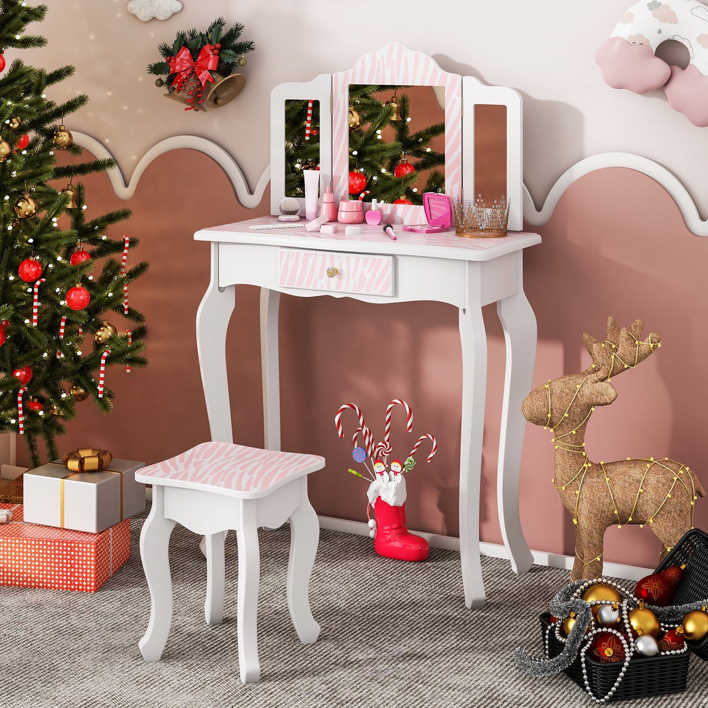 Ensemble de coiffeuse rose pour enfants avec tiroir et accessoires de maquillage