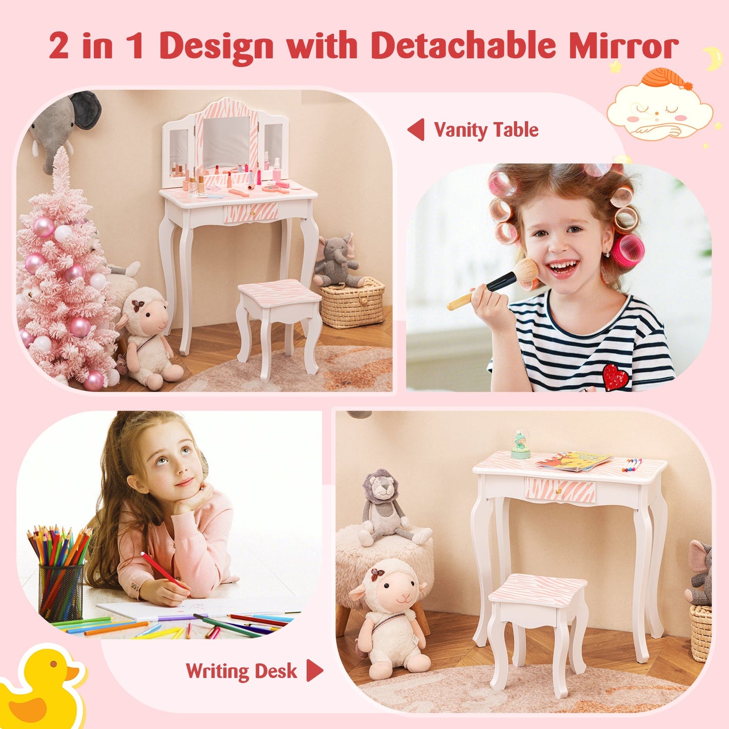 Ensemble de coiffeuse rose pour enfants avec tiroir et accessoires de maquillage