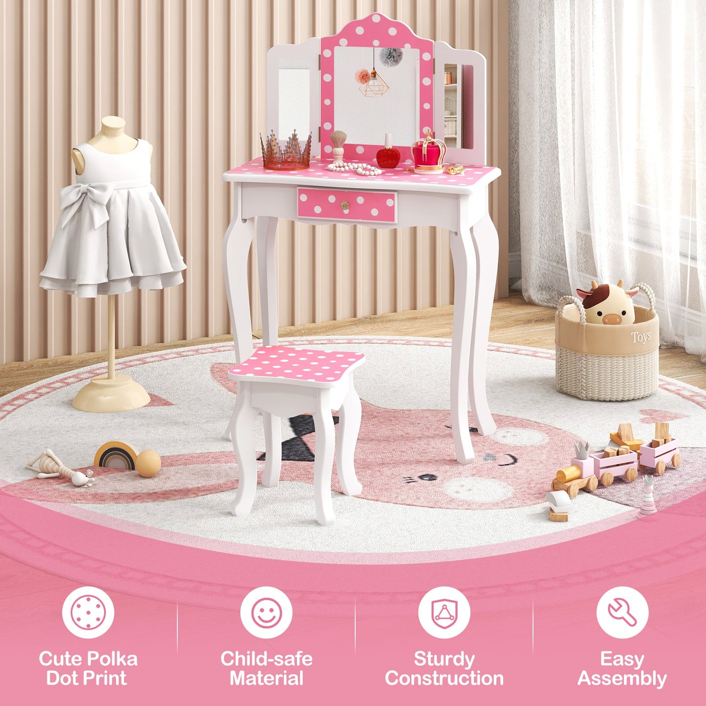 Table de maquillage de princesse pour jeu de rôle - Pois roses