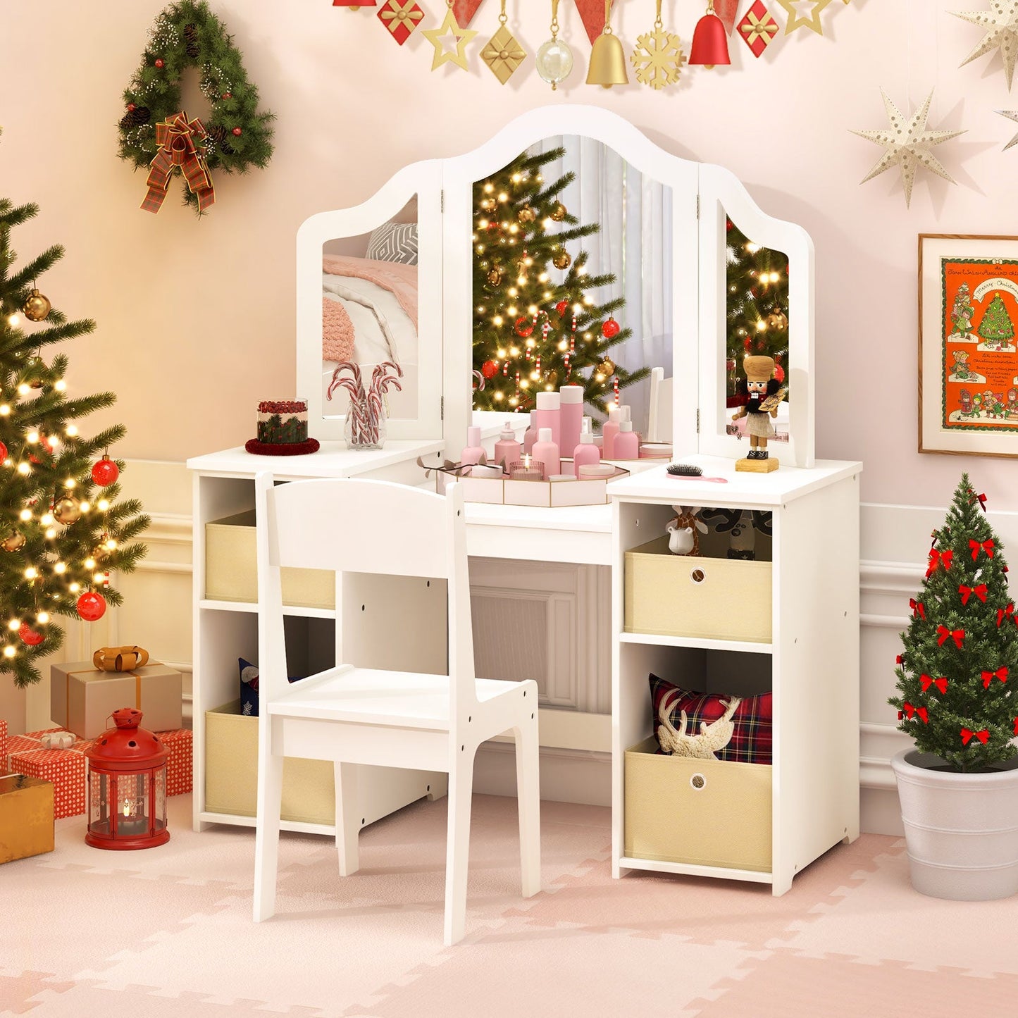 Kids Vanity Table and Chair Set with Mirrors and Storage - White
