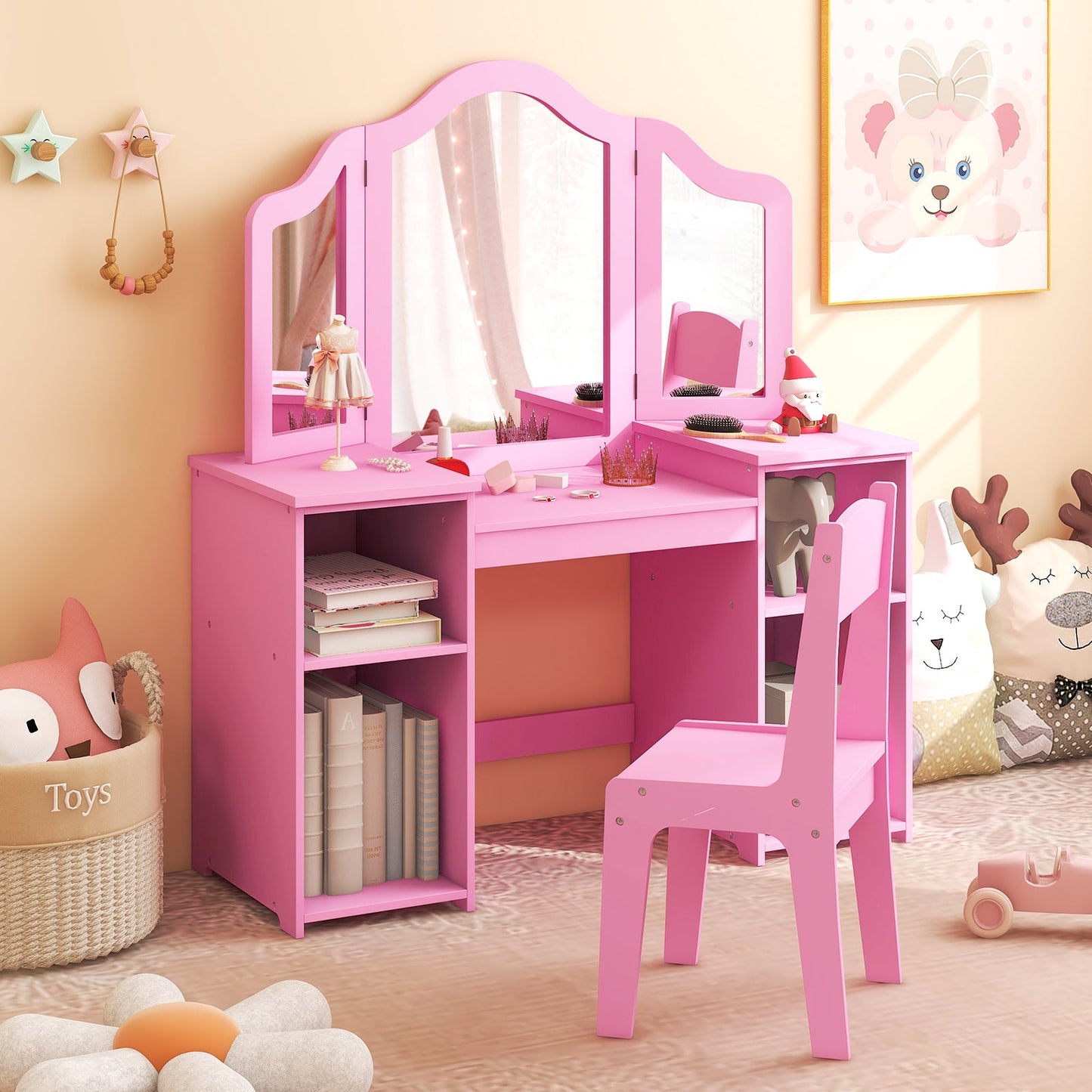 Ensemble de Table de Maquillage et Chaise pour Enfants avec Miroir Tri-Facettes Amovible - Rose