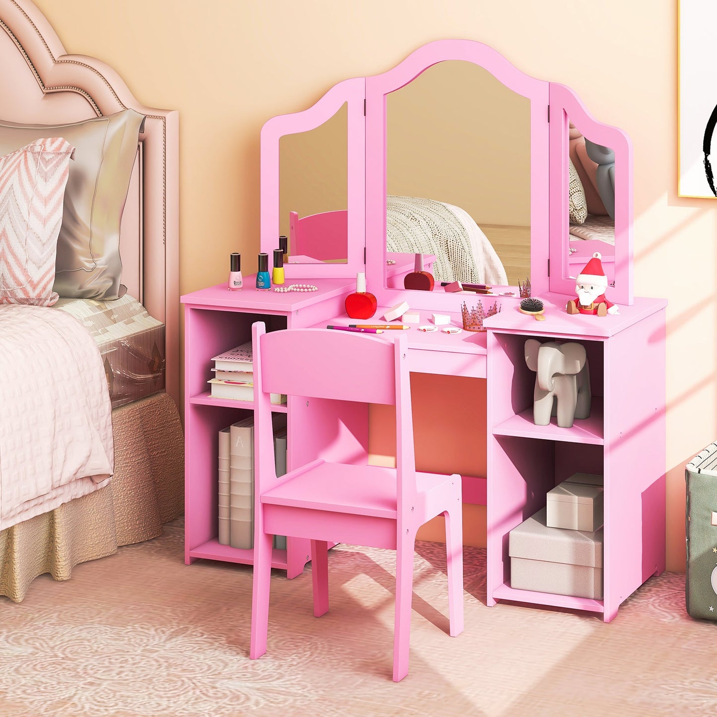 Ensemble de Table de Maquillage et Chaise pour Enfants avec Miroir Tri-Facettes Amovible - Rose