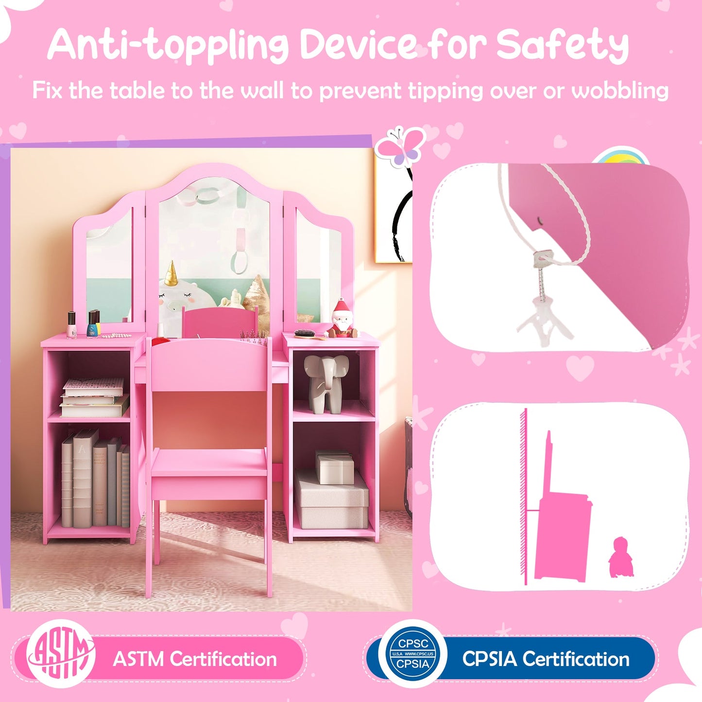 Ensemble de Table de Maquillage et Chaise pour Enfants avec Miroir Tri-Facettes Amovible - Rose