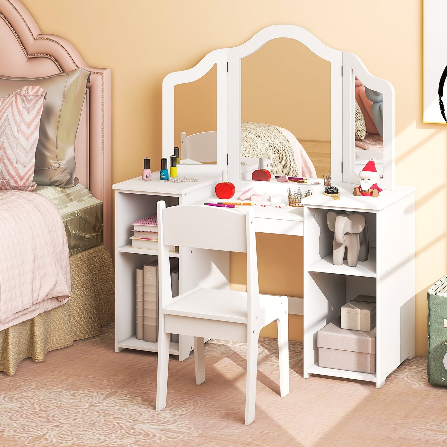 Kids Vanity Table and Chair Set with Removable Tri-Folding Mirror - White